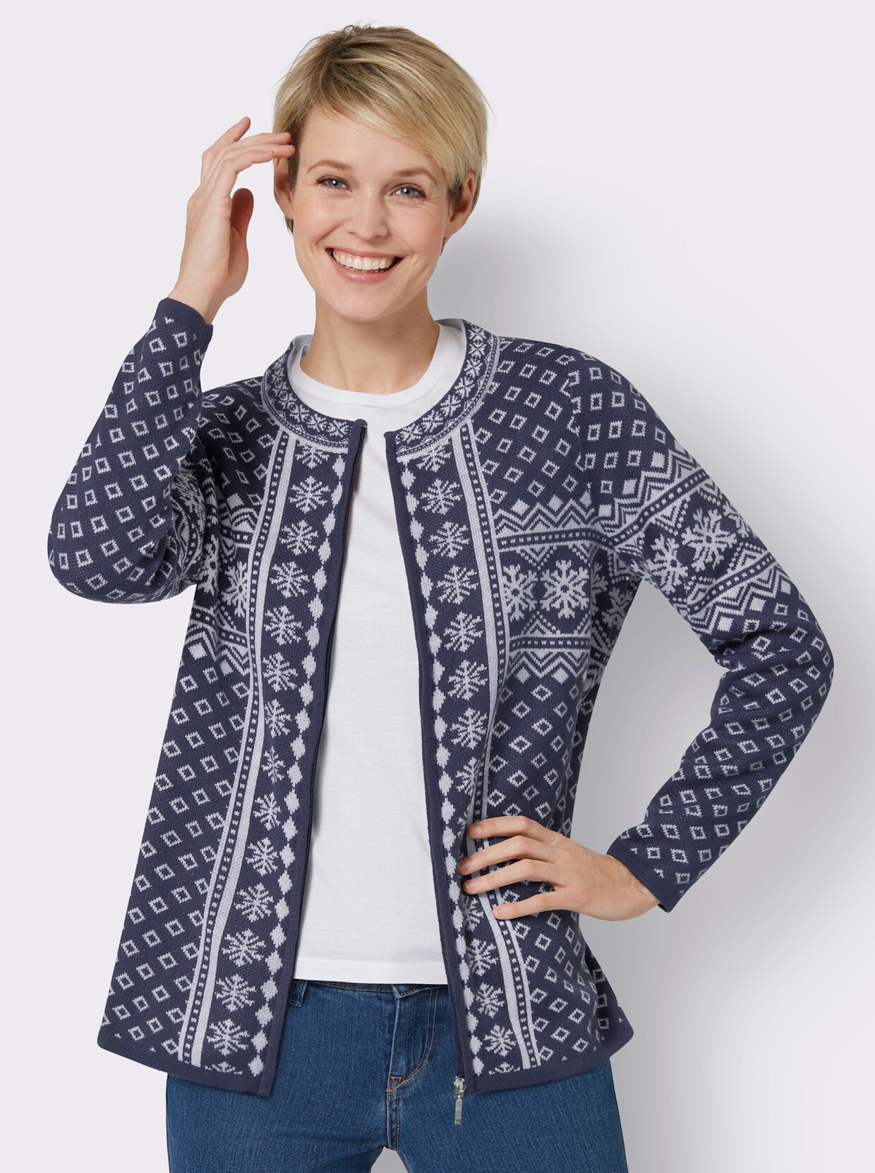 Jacquard-Strickjacke - nachtblau-ecru-gemustert