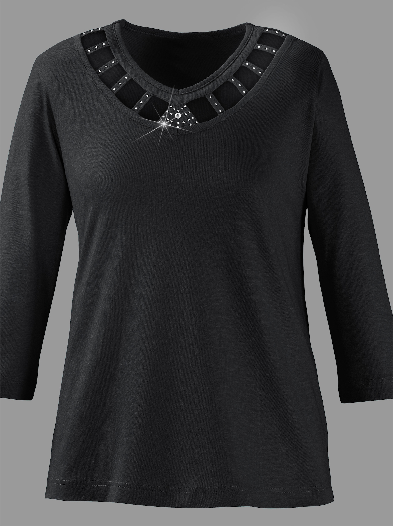 3/4-Arm-Shirt mit Glitzersteinchen am Ausschnitt - schwarz