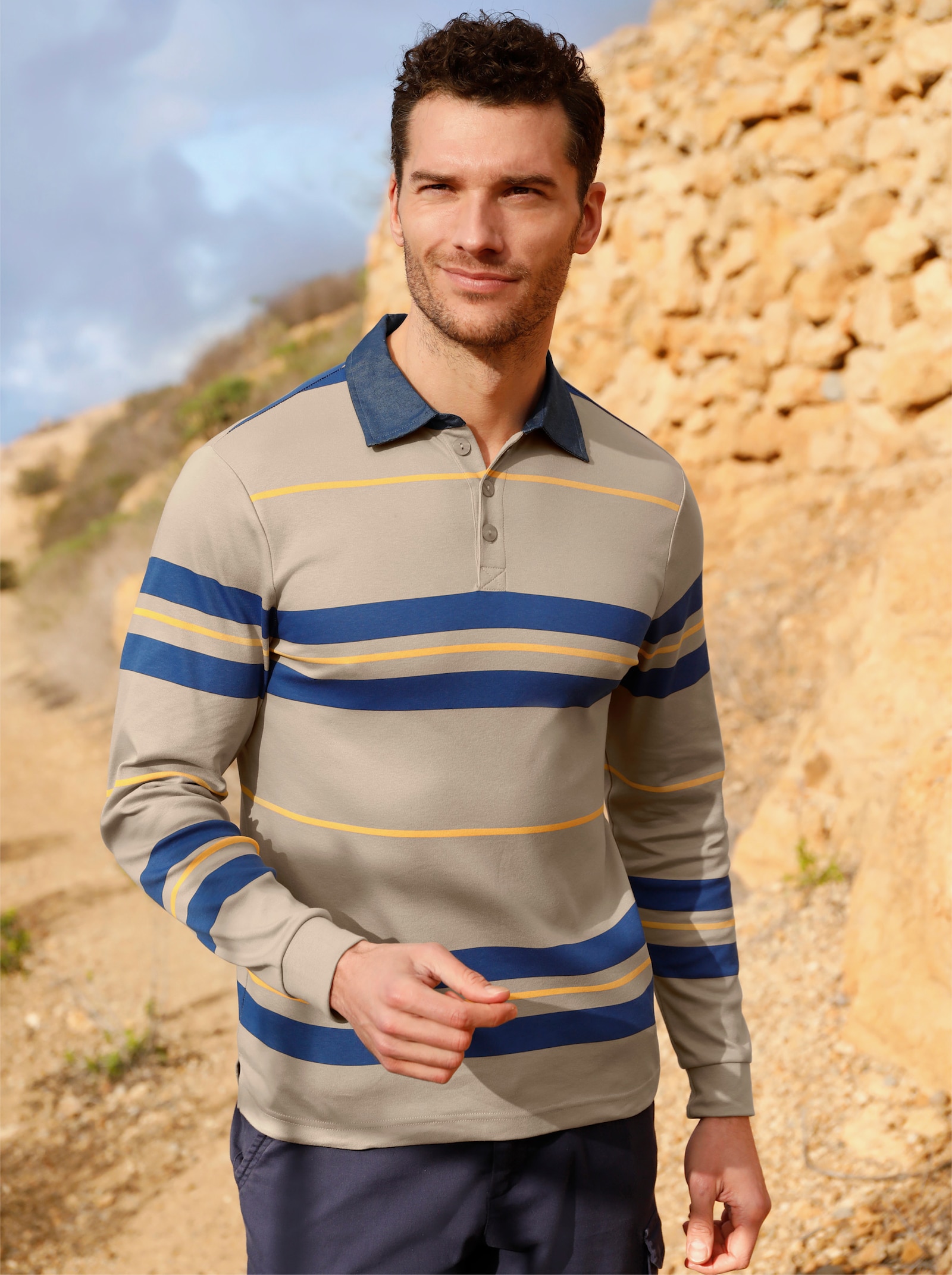 Catamaran Langarmshirt mit Details aus Denim - sesam-gestreift