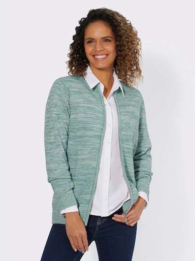 Strickjacke mit geripptem Stehkragen - jade-ecru-meliert