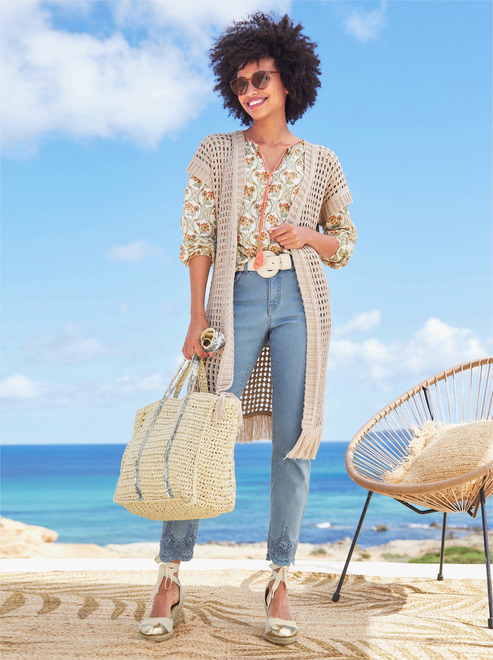 heine Jean 7/8 avec broderies ajourées - bleu blanchi