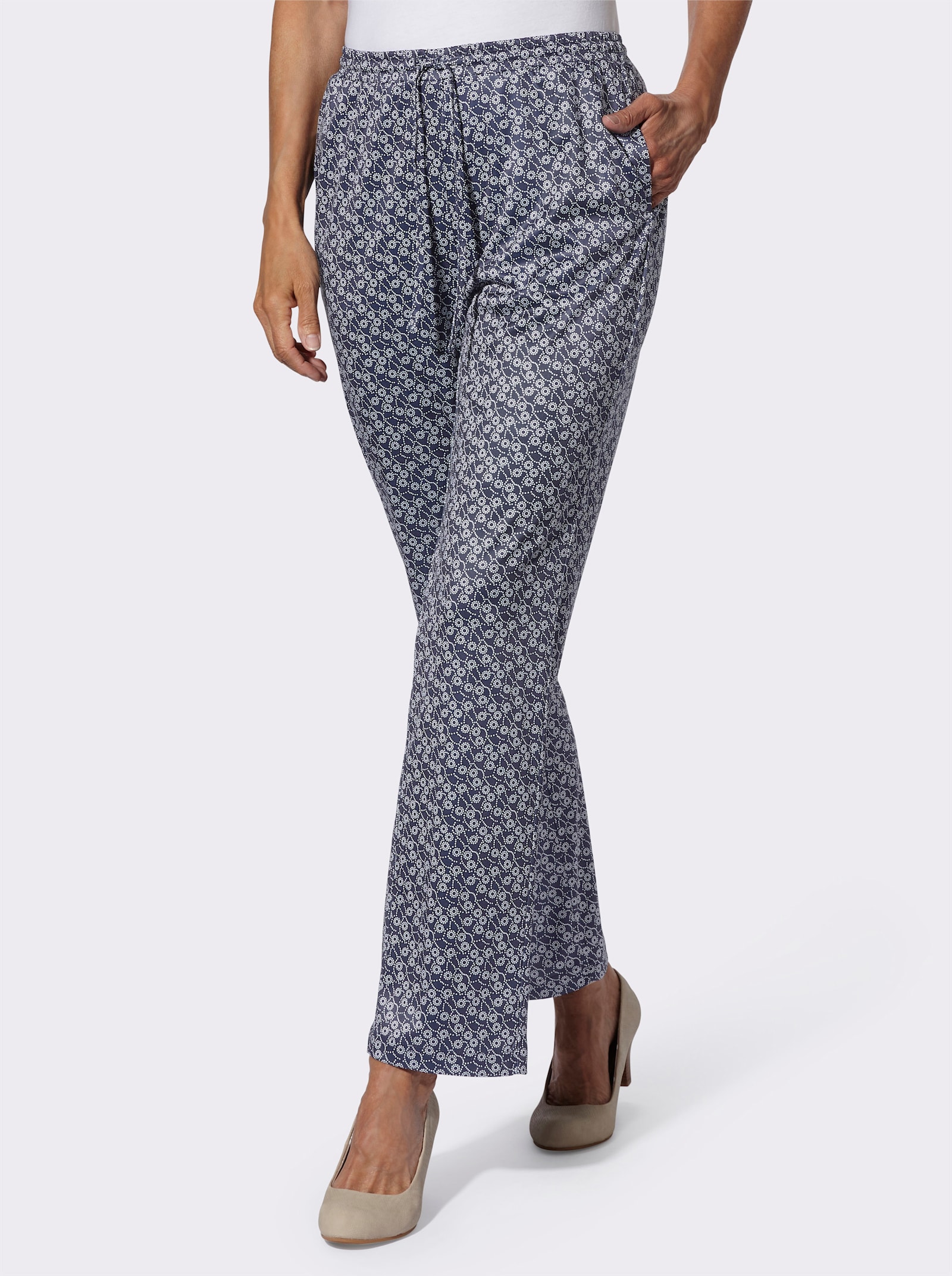 Jerseyhose in floralem Dessin - marine-weiss-gewellt