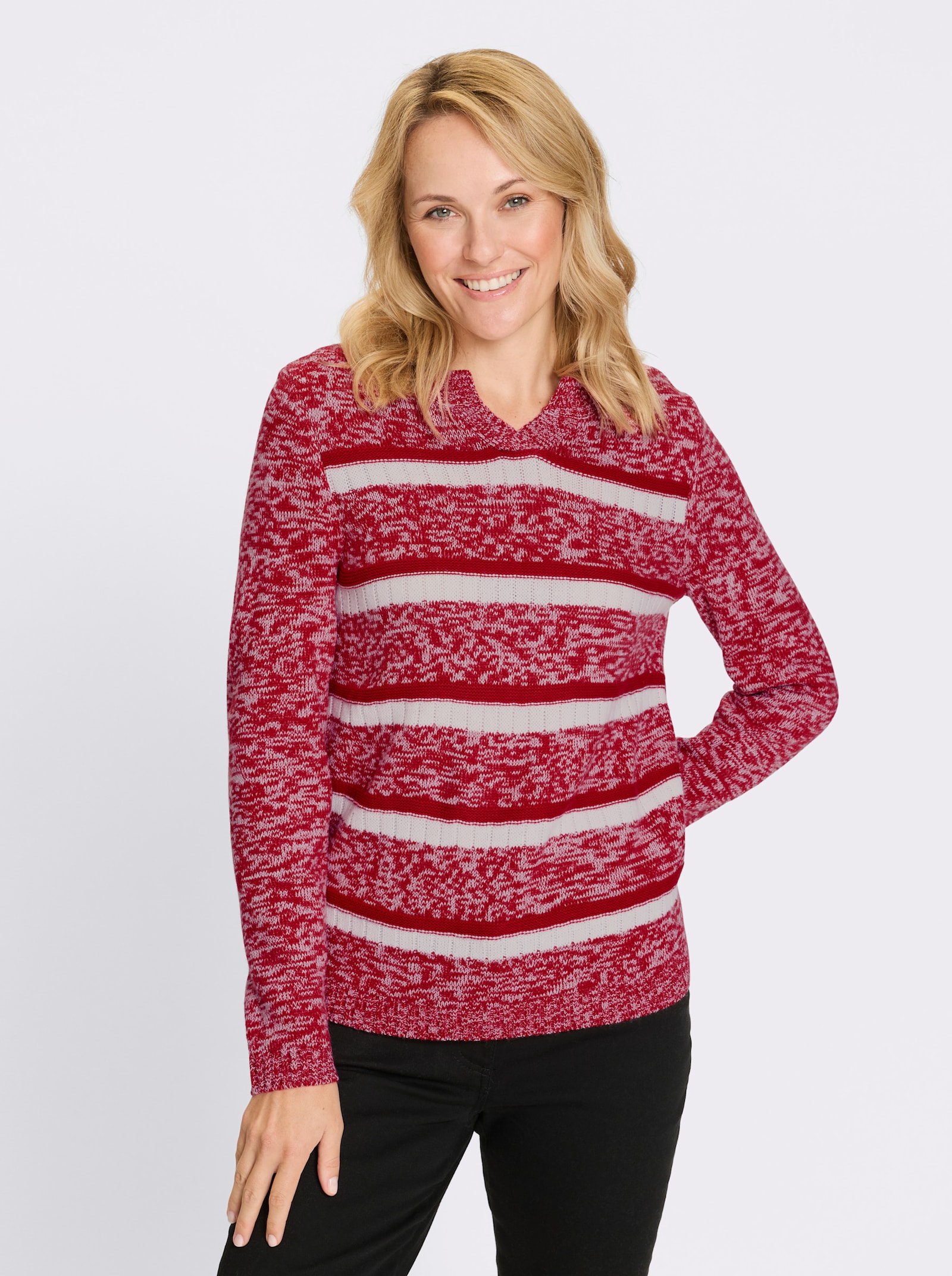 Pulóver, dlhé rukávy, pruhy - červeno-biela vzorovaná