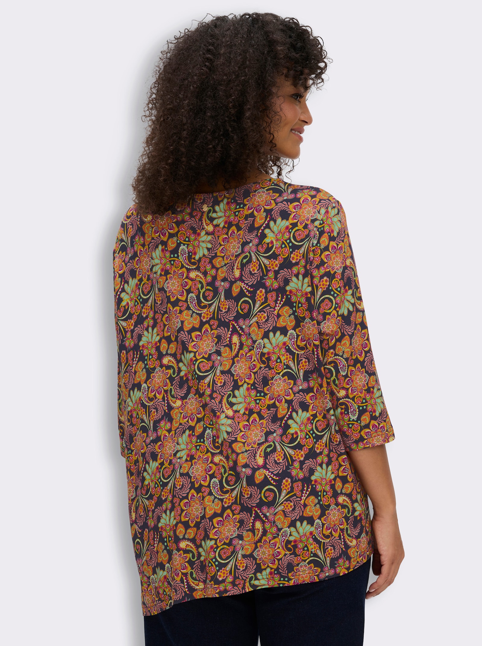 sheego 3/4-Arm-Shirt mit asymmetrischem Saum - ocker-tiefblau-bedruckt