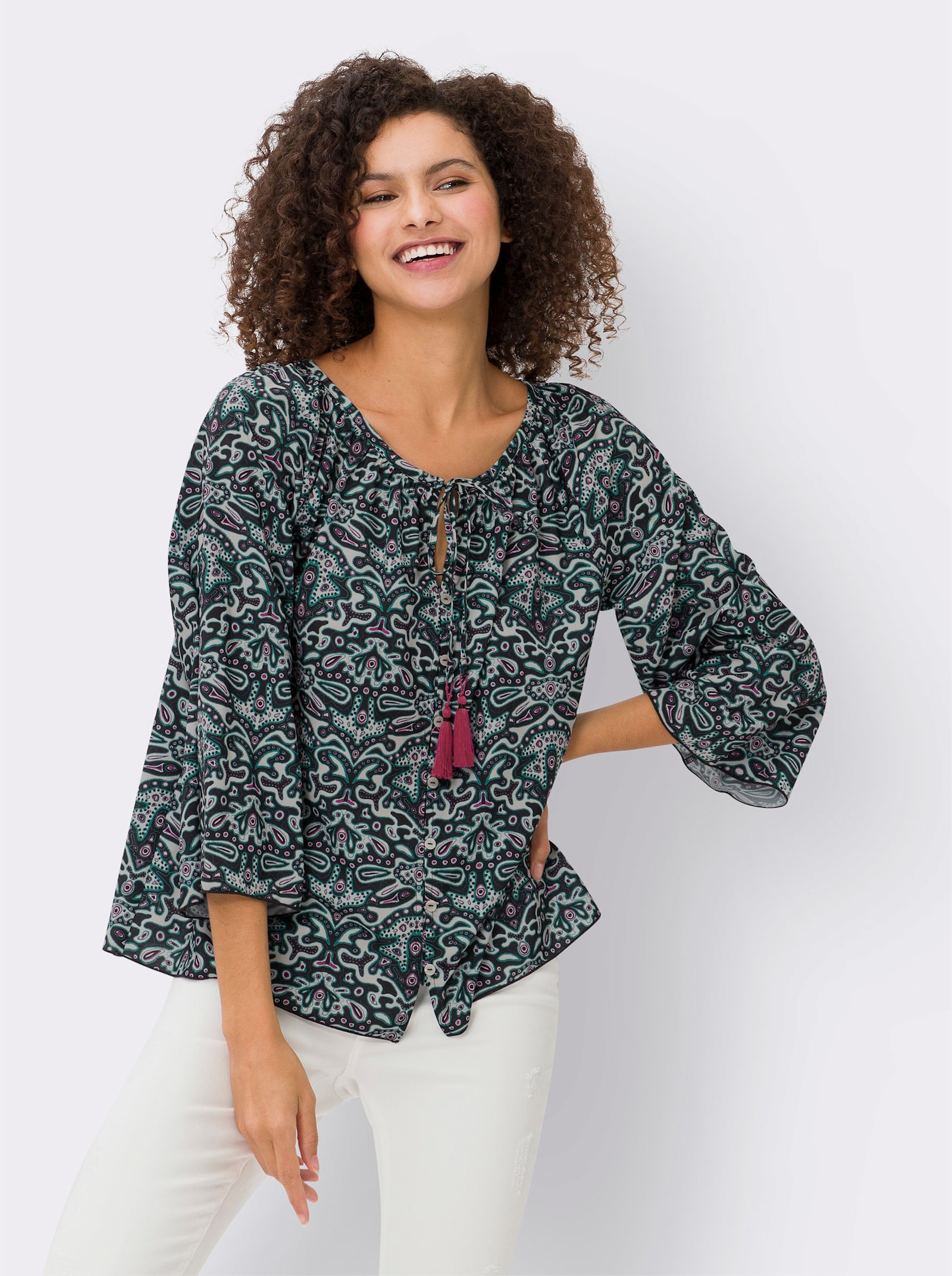 heine Schlupf-Bluse mit Trompeten-Ärmeln - grün-elfenbein-bedruckt