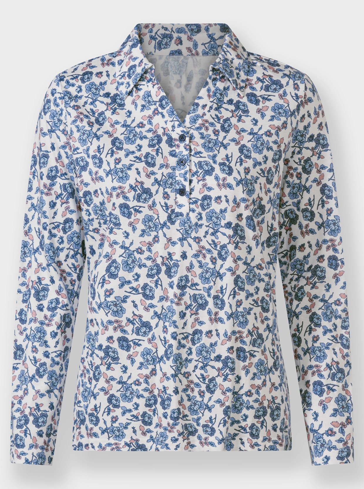 Poloshirt - ecru-jeansblau-bedruckt