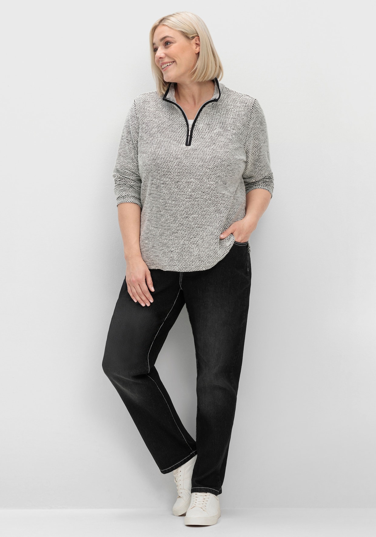 Langarmshirt in Bouclé-Qualität - ecru-schwarz-gemustert