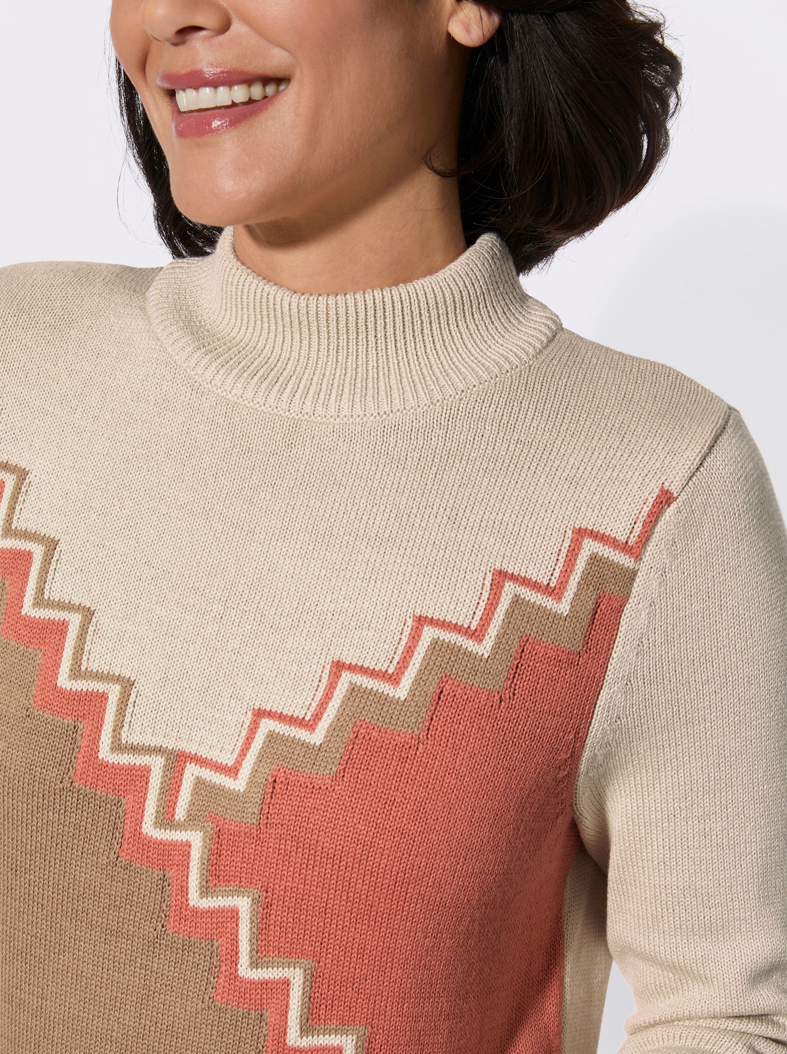 Stehkragen-Pullover - camel-papaya-gemustert