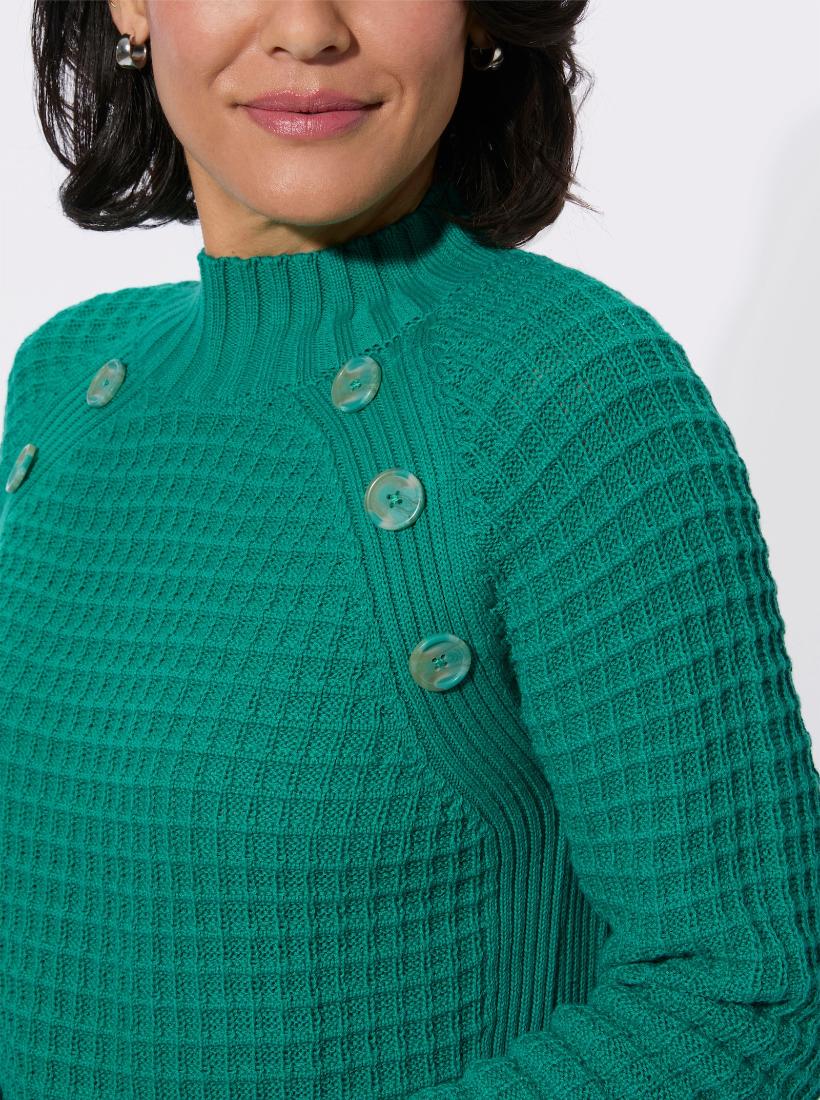 Stehkragenpullover mit Zierknöpfen - smaragd