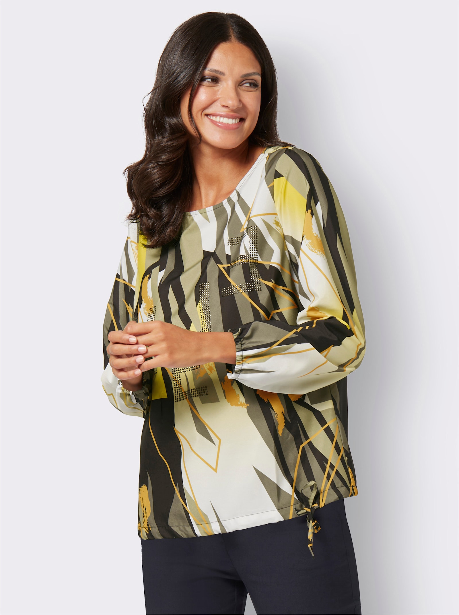 Schlupfbluse mit Glitzersteinchen - khaki-limone-bedruckt