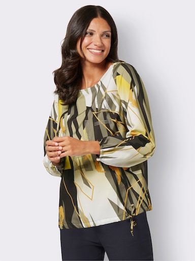 Schlupfbluse mit Glitzersteinchen - khaki-limone-bedruckt