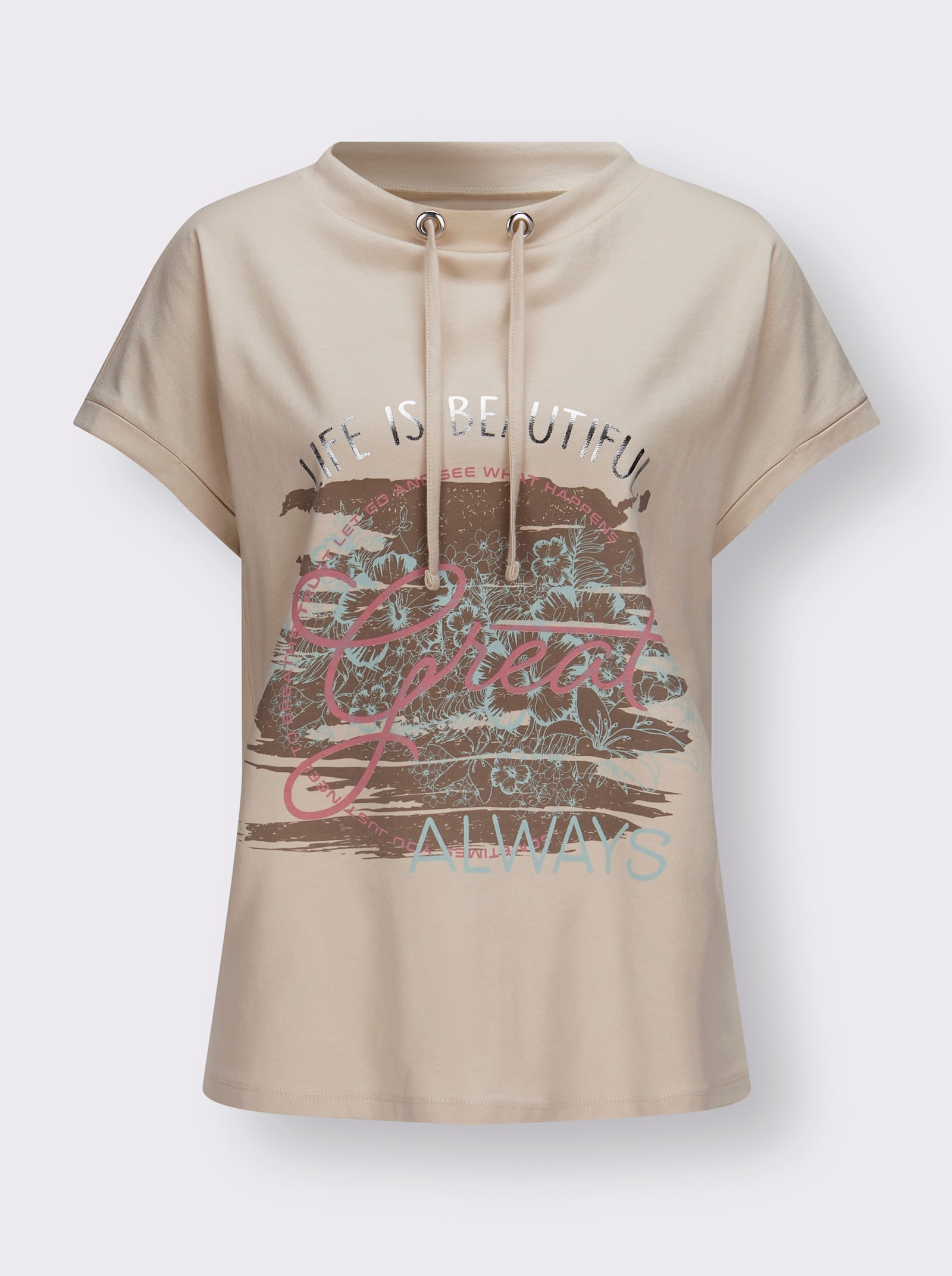 Kurzarmshirt aus reiner Baumwolle - sand-bedruckt