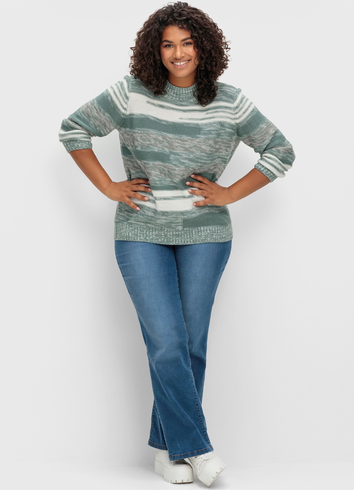 Stehkragenpullover mit Streifen-Muster - wintertürkis-meliert