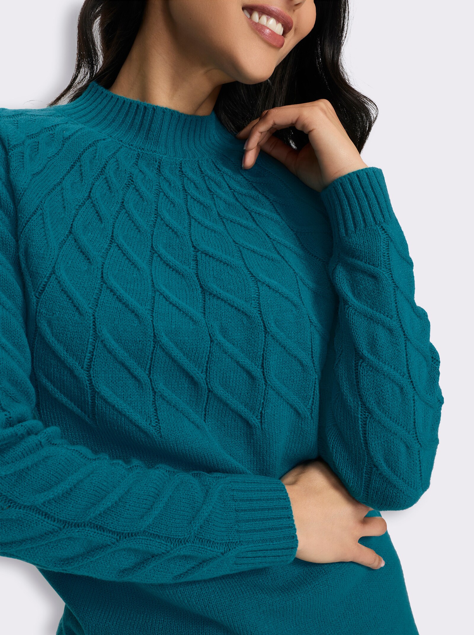Stehkragenpullover mit Zopfmuster - aquapetrol