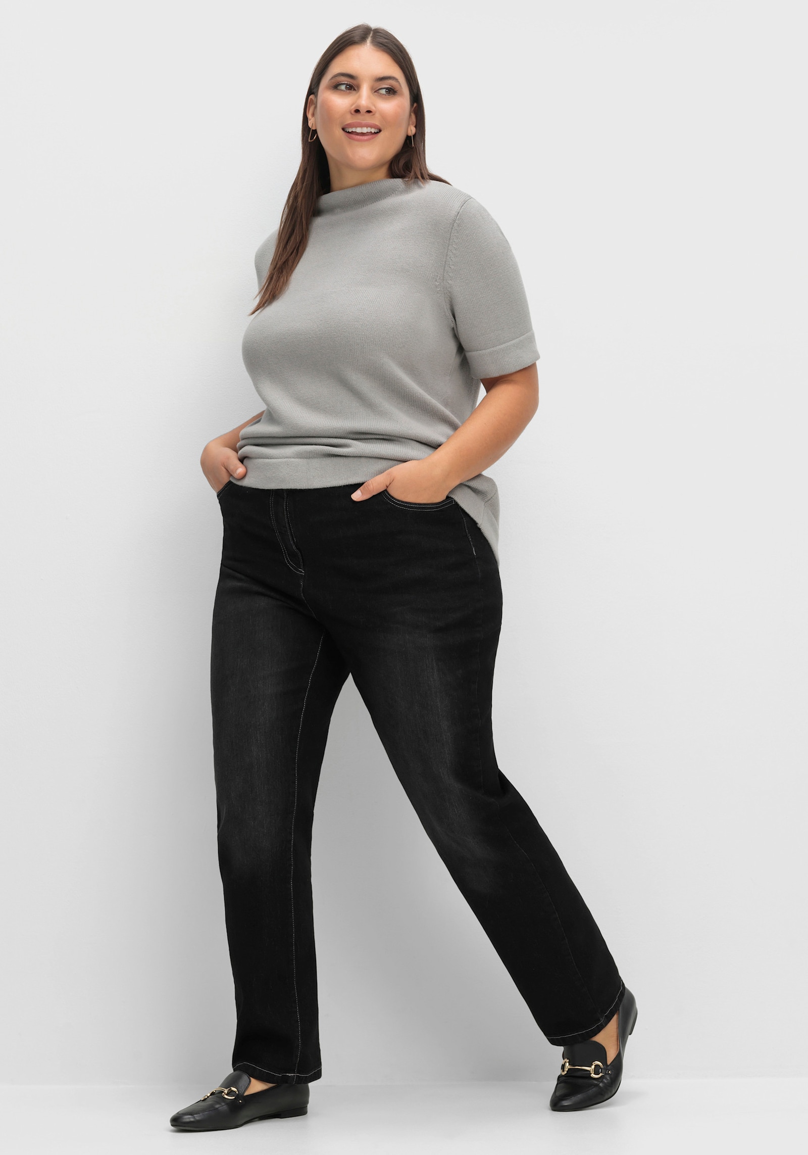 Stehkragenpullover mit Halbarm - steingrau