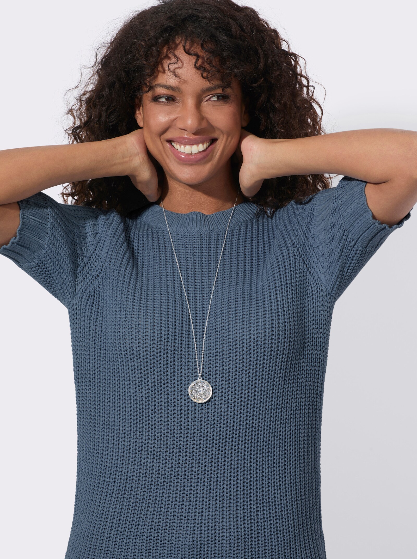 Kurzarmpullover mit Strickmuster - rauchblau
