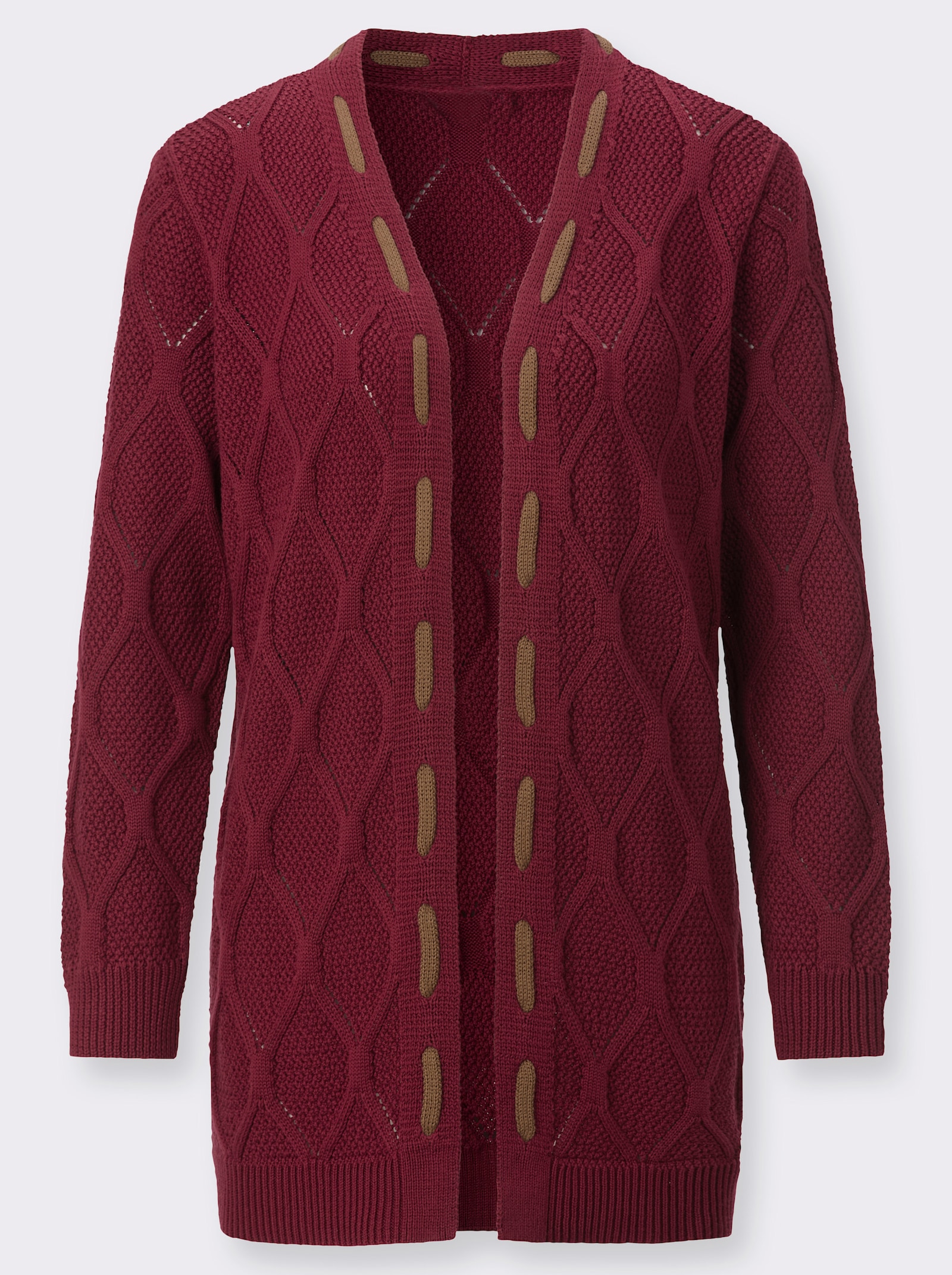 Longstrickjacke mit kontrastfarbigen Details - dunkelrot