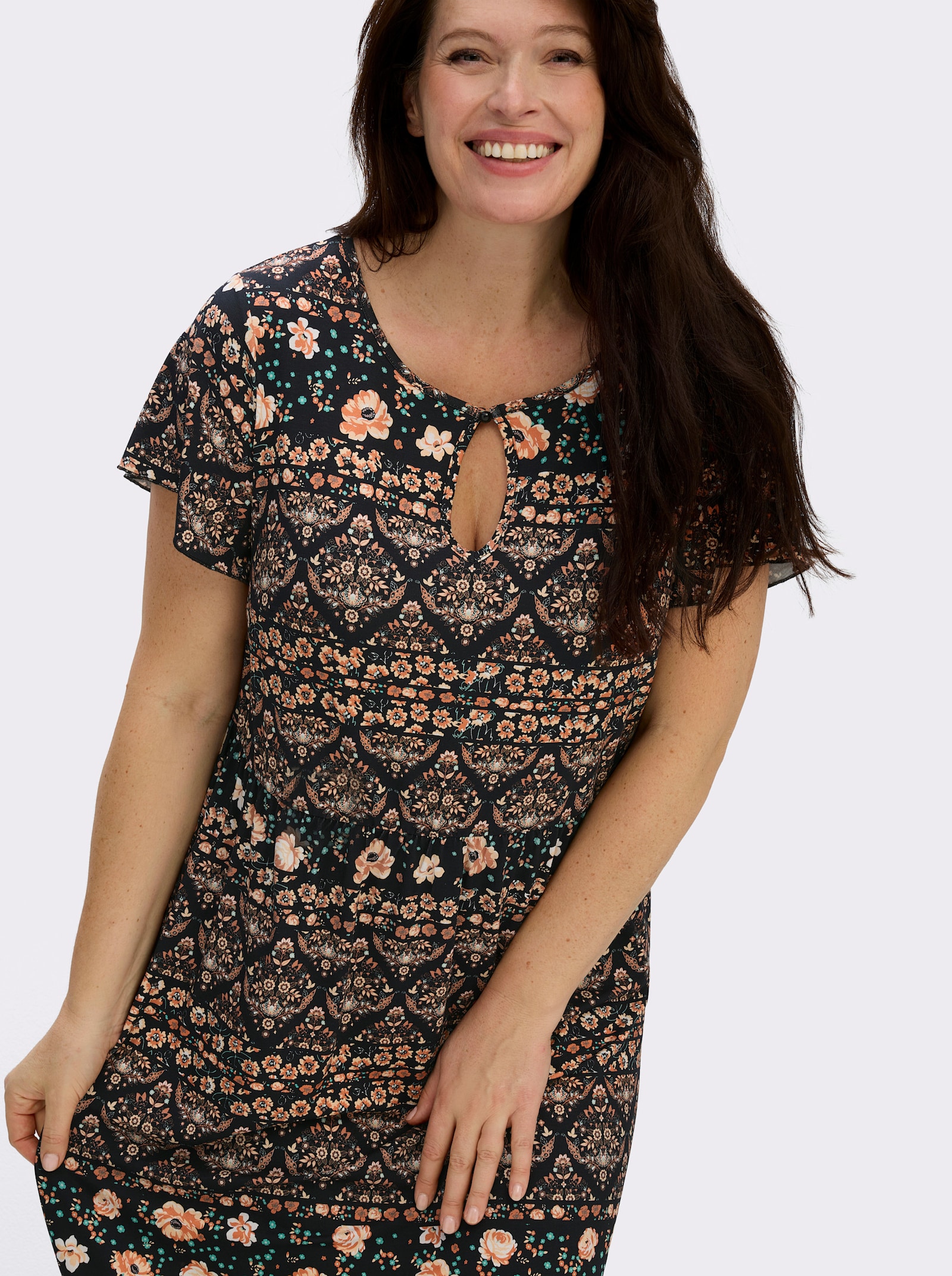 Jerseykleid mit Gummizug auf Taillenhöhe - papaya-schwarz-bedruckt