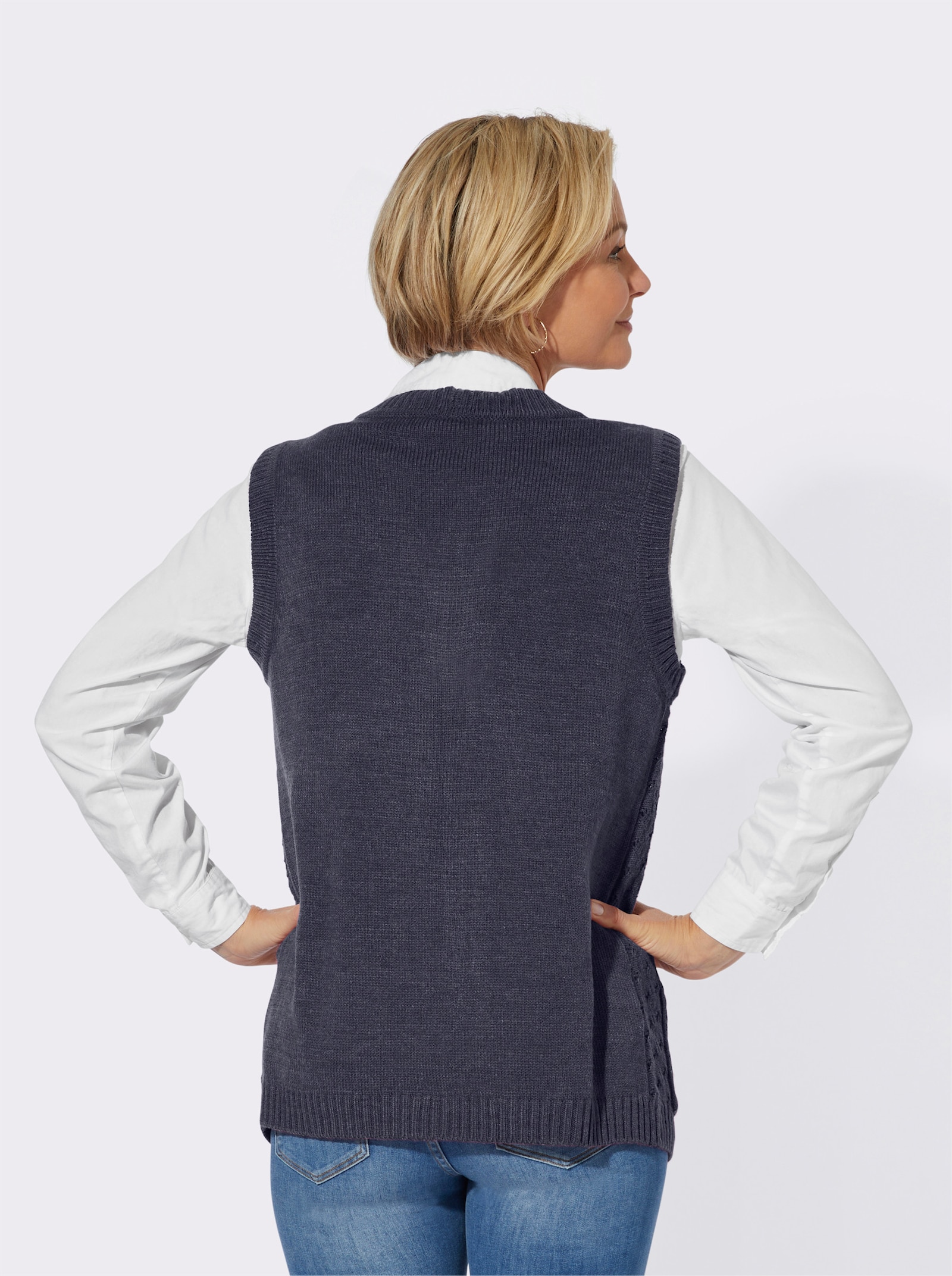 Strickweste mit Ripp-Abschlüssen - marine-meliert