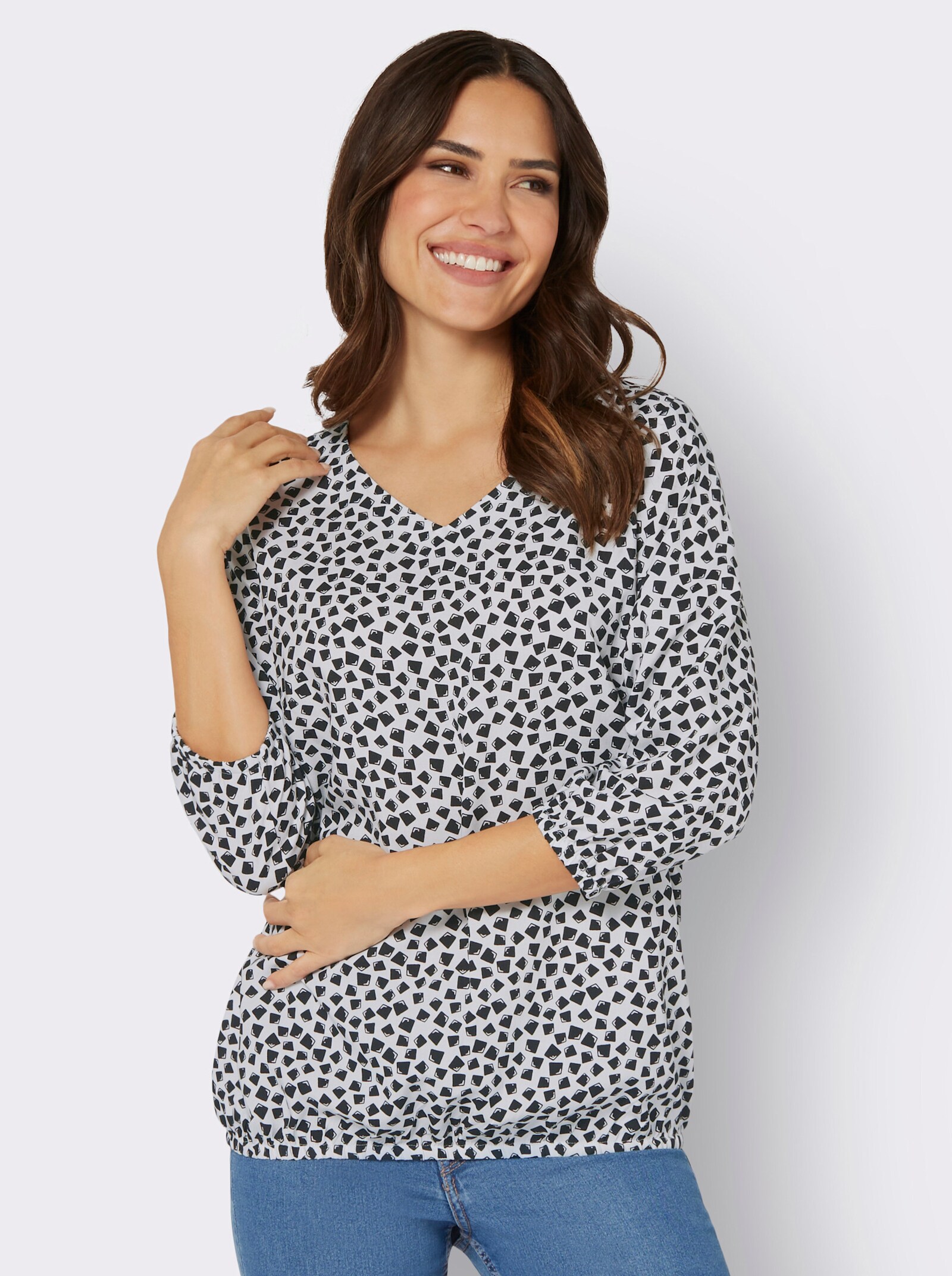 Schlupf-Bluse im Kontrast-Dessin - ecru-schwarz-bedruckt
