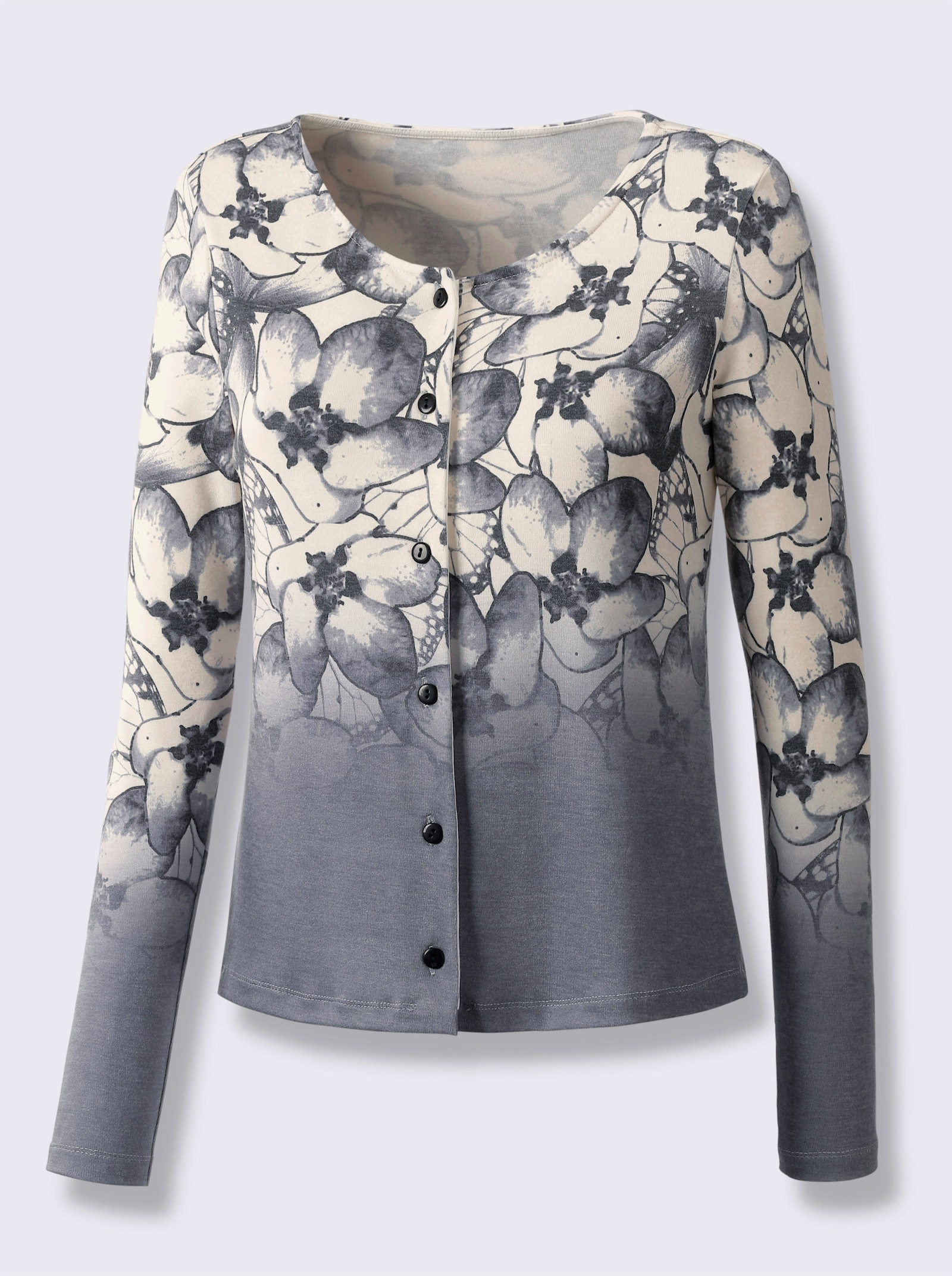 Feinstrickjacke mit Blütendessin - champagner-anthrazit-bedruckt
