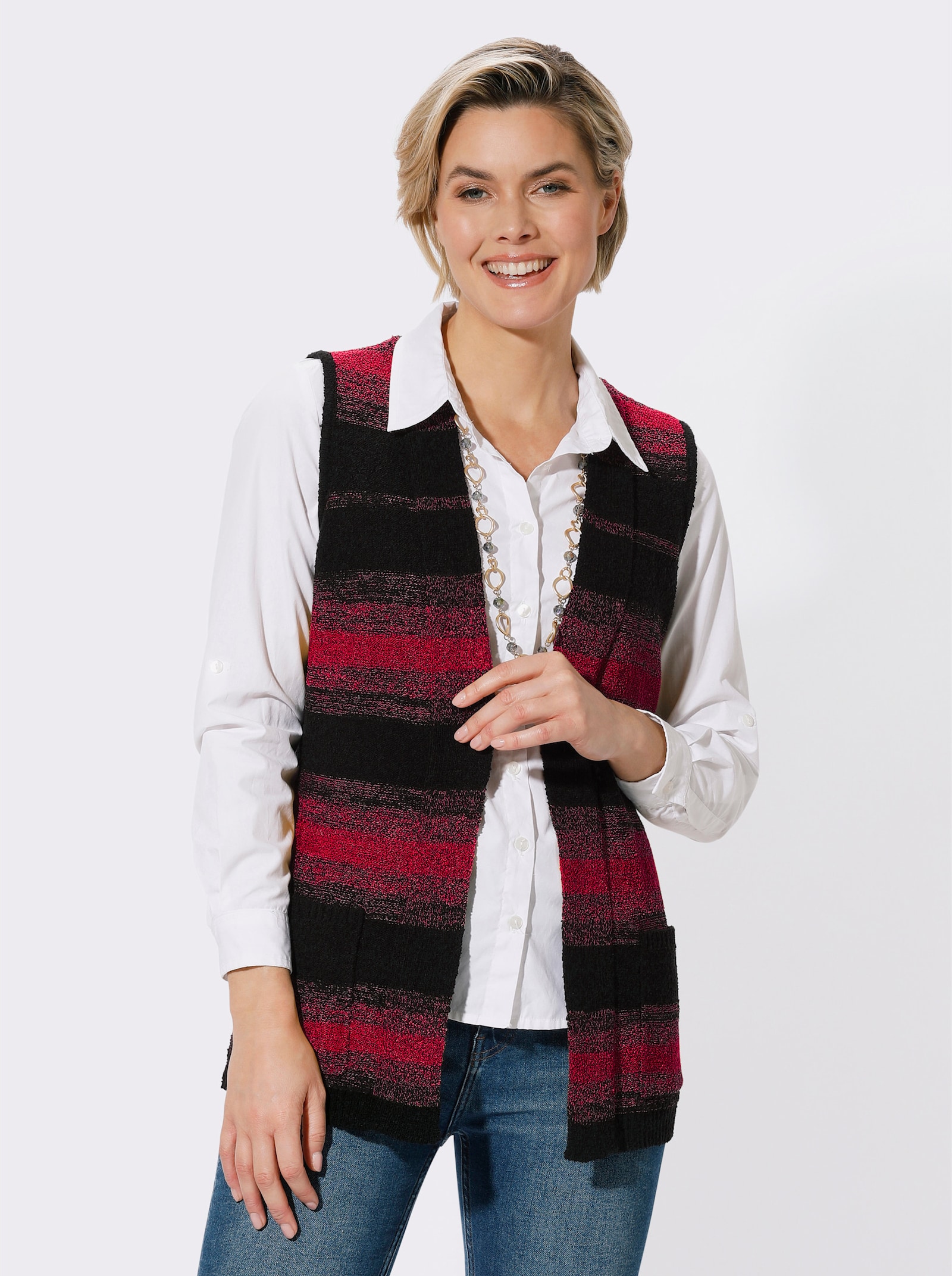  Vest met V-hals - rood/zwart gestreept