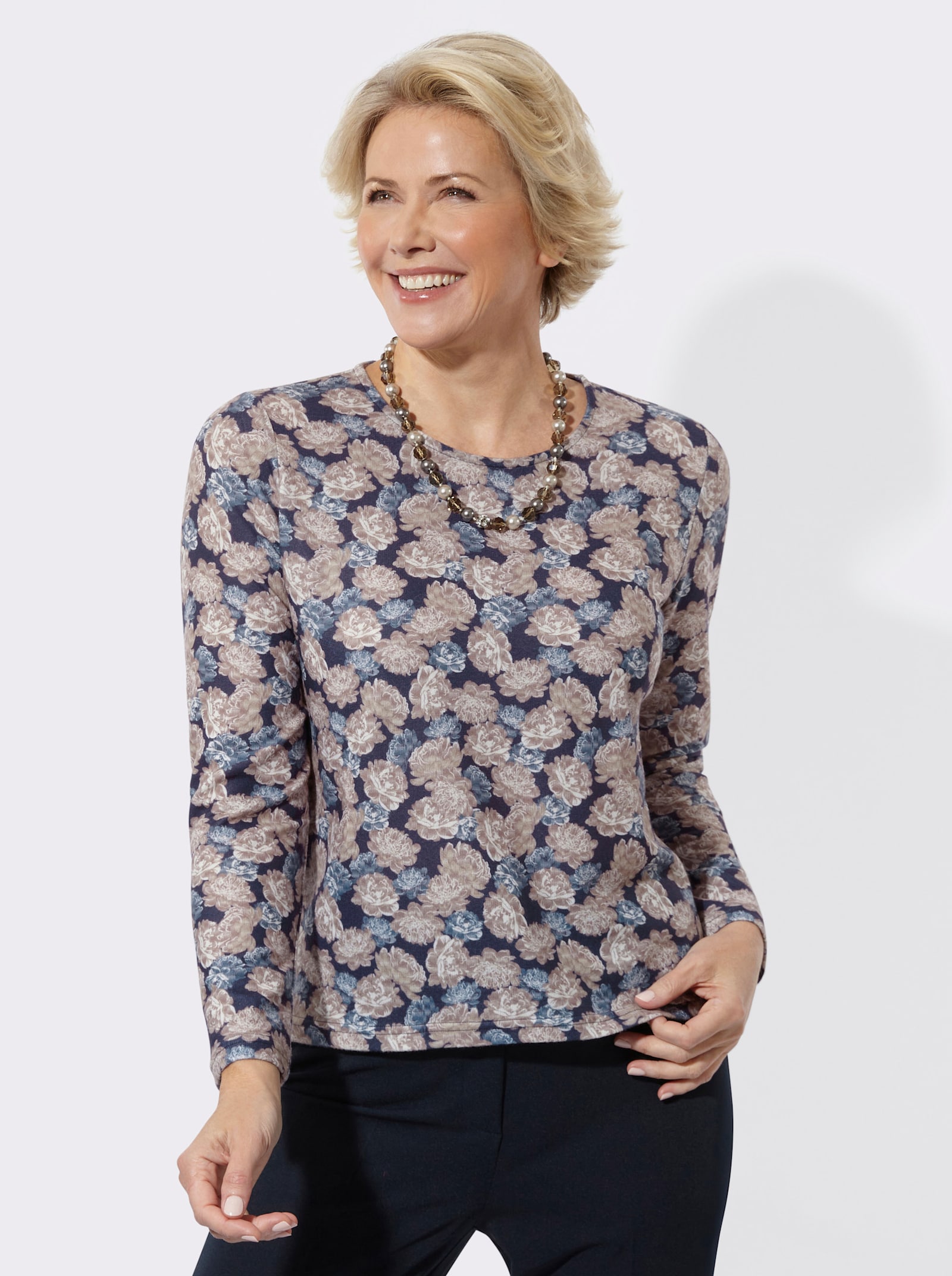 Rundhalspullover im floralen Dessin - sesam-marine-bedruckt