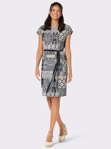 Jerseykleid mit Bindegürtel - schwarz-sand-bedruckt