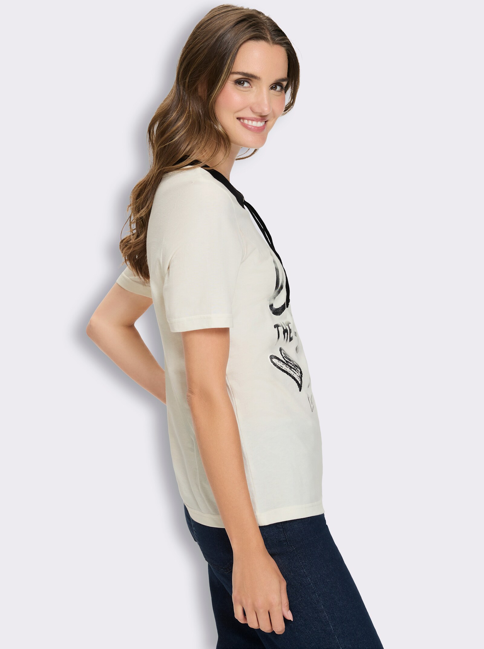 Kurzarmshirt mit Foliendruck - ecru-schwarz