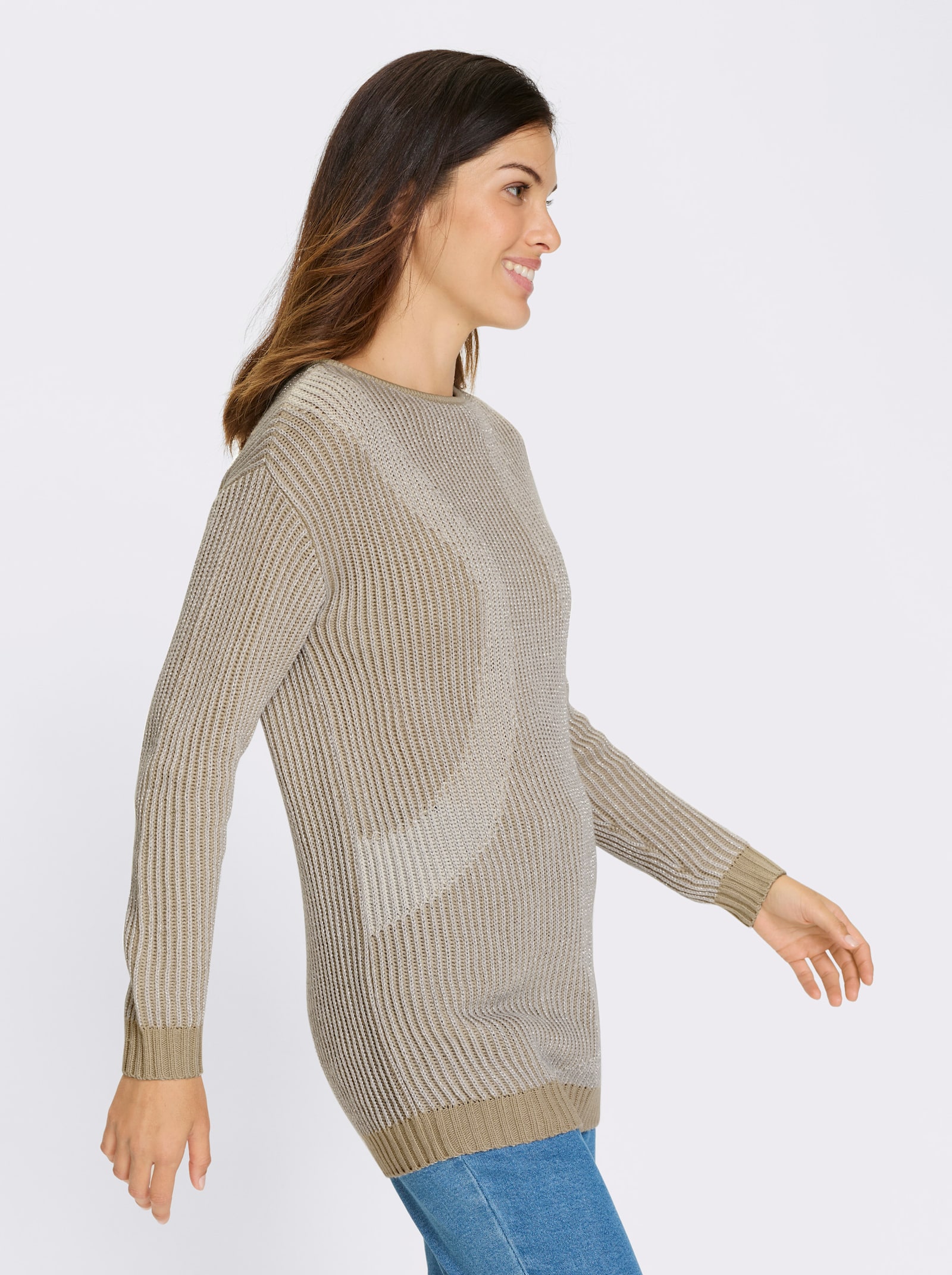 Longpullover in Patentstrick-Optik - sand-silberfarben-gemustert