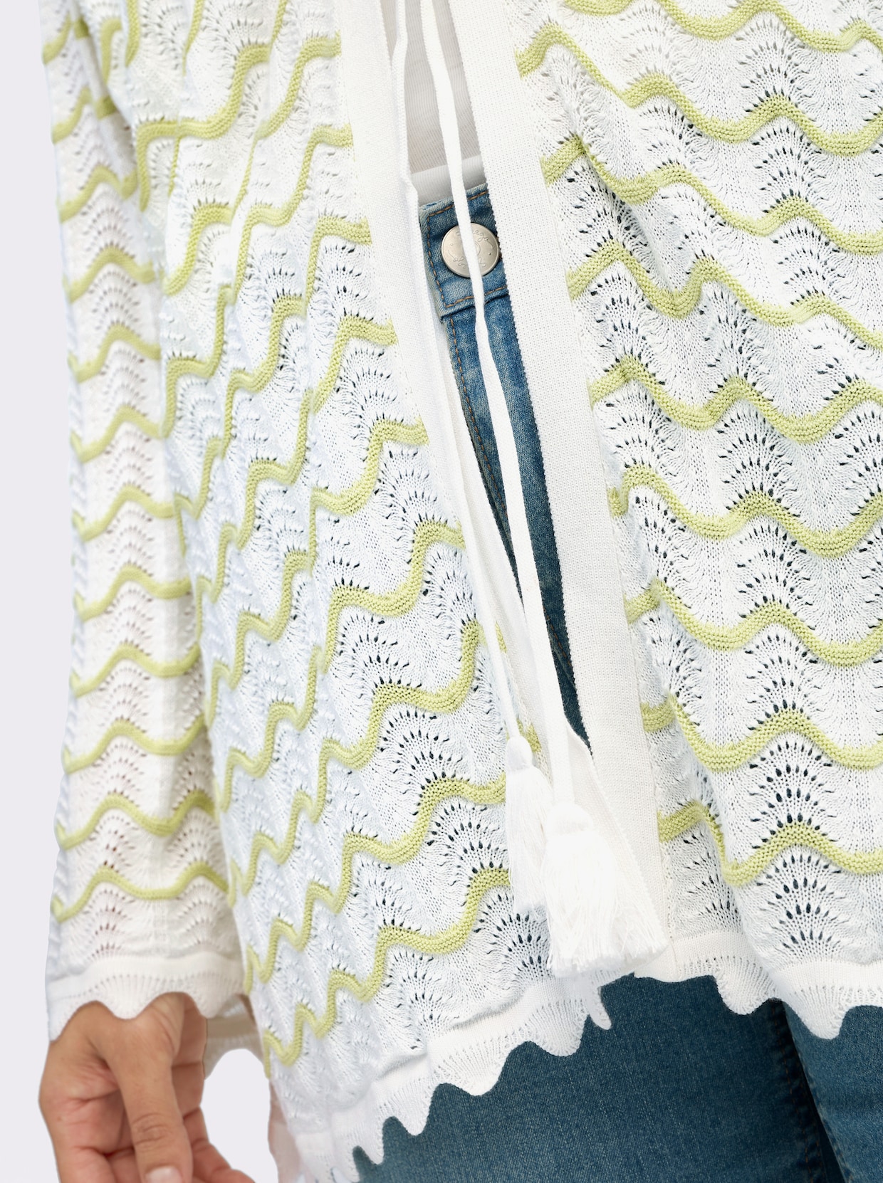 sheego Ajourstrickjacke mit Wellenmuster - ecru-pistazie