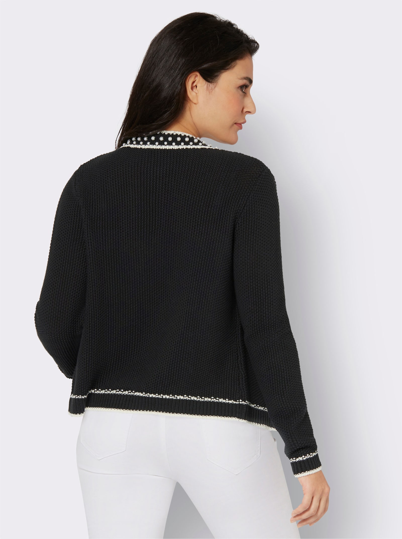 Feinstrickjacke mit Zierperlen, gestrickt - schwarz-champagner-gemustert