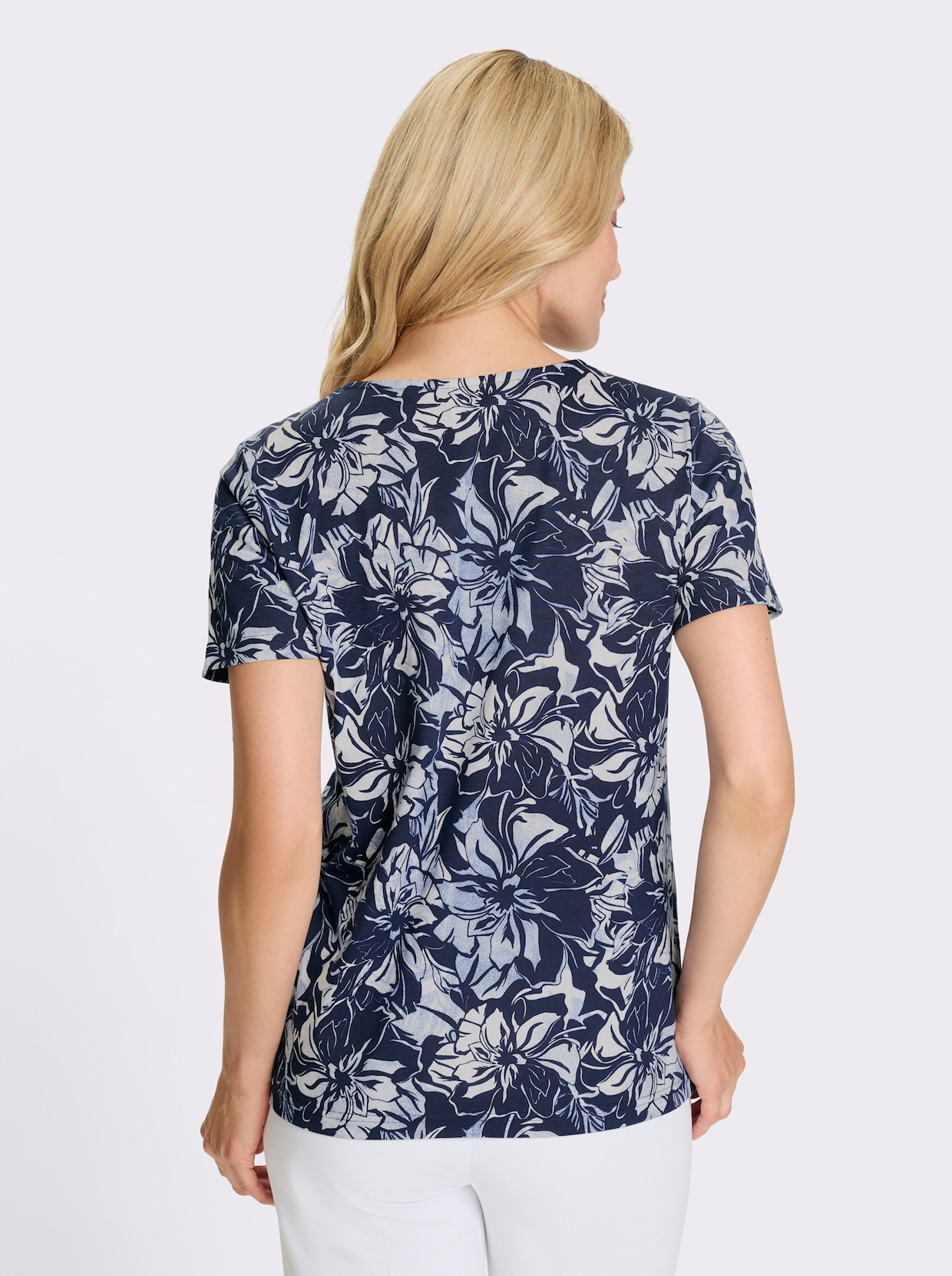 Kurzarmshirt - marine-ecru-bedruckt