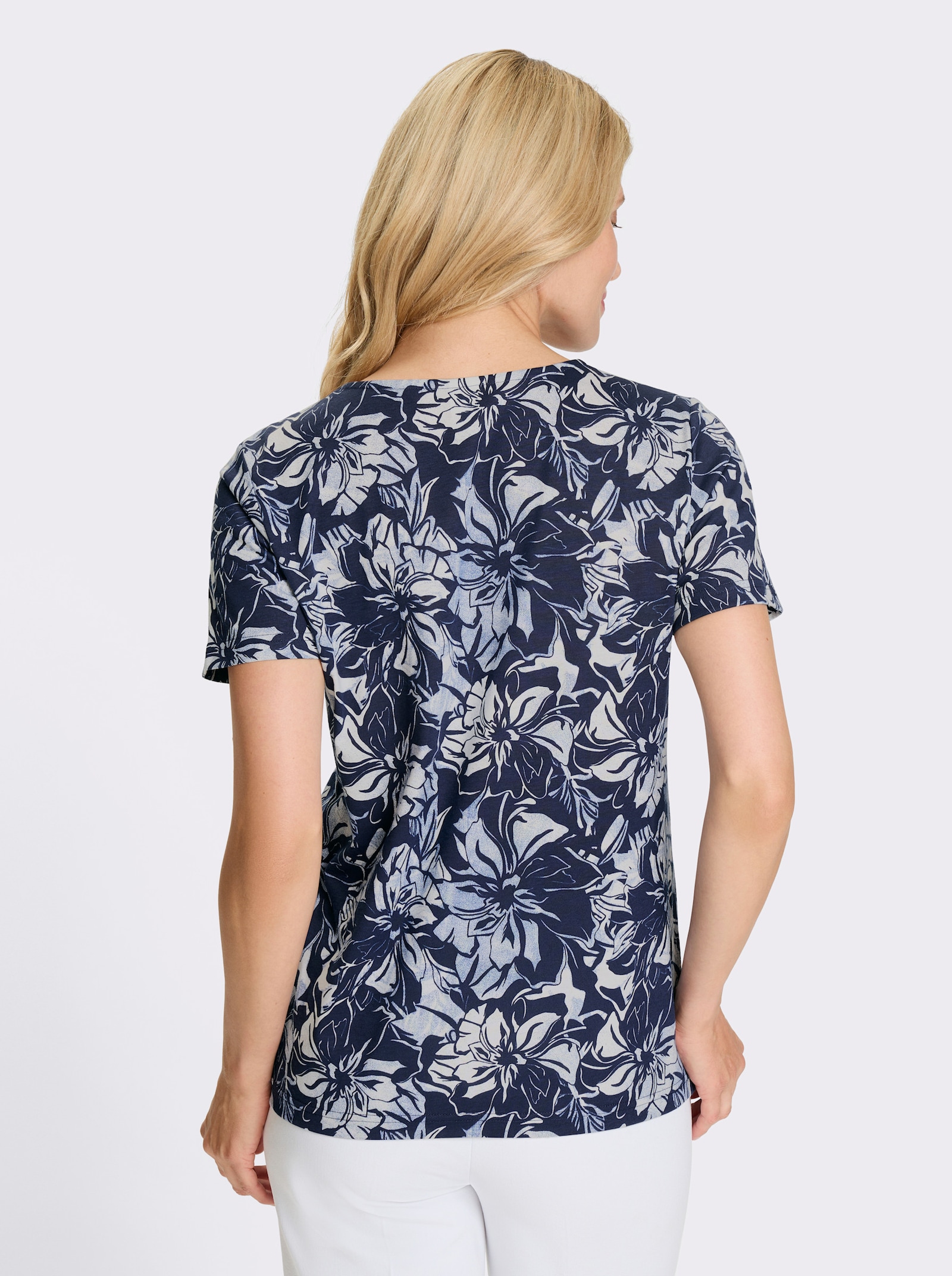 Shirt met korte mouwen en bloemmotief - marine/ecru geprint