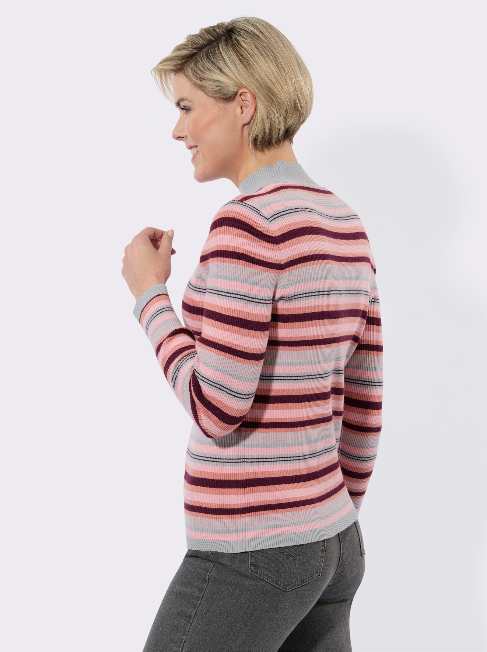 Streifenpullover mit Stehkragen - rosenholz-burgund-geringelt