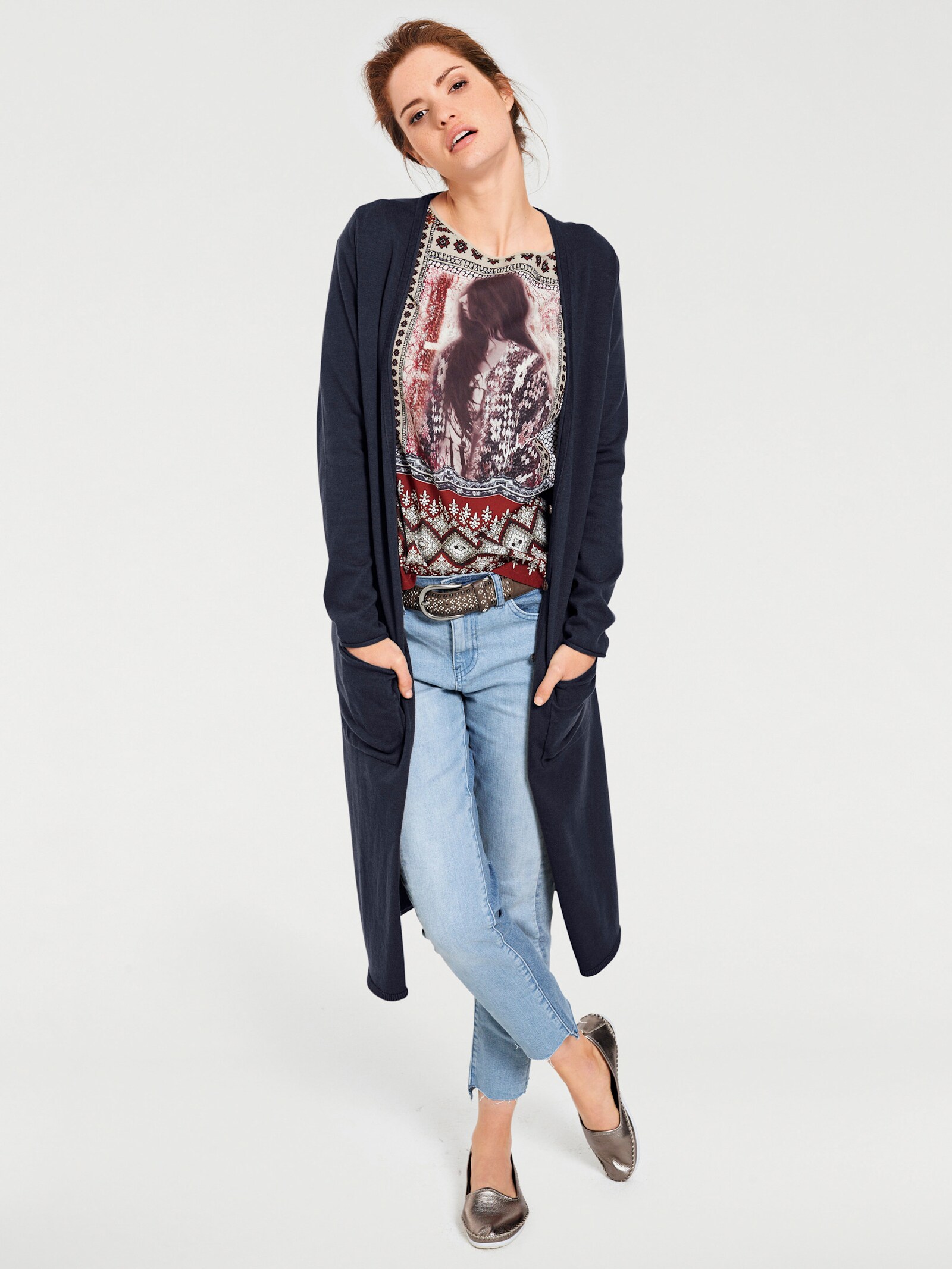 heine Longstrickjacke mit Seitenschlitzen - marine