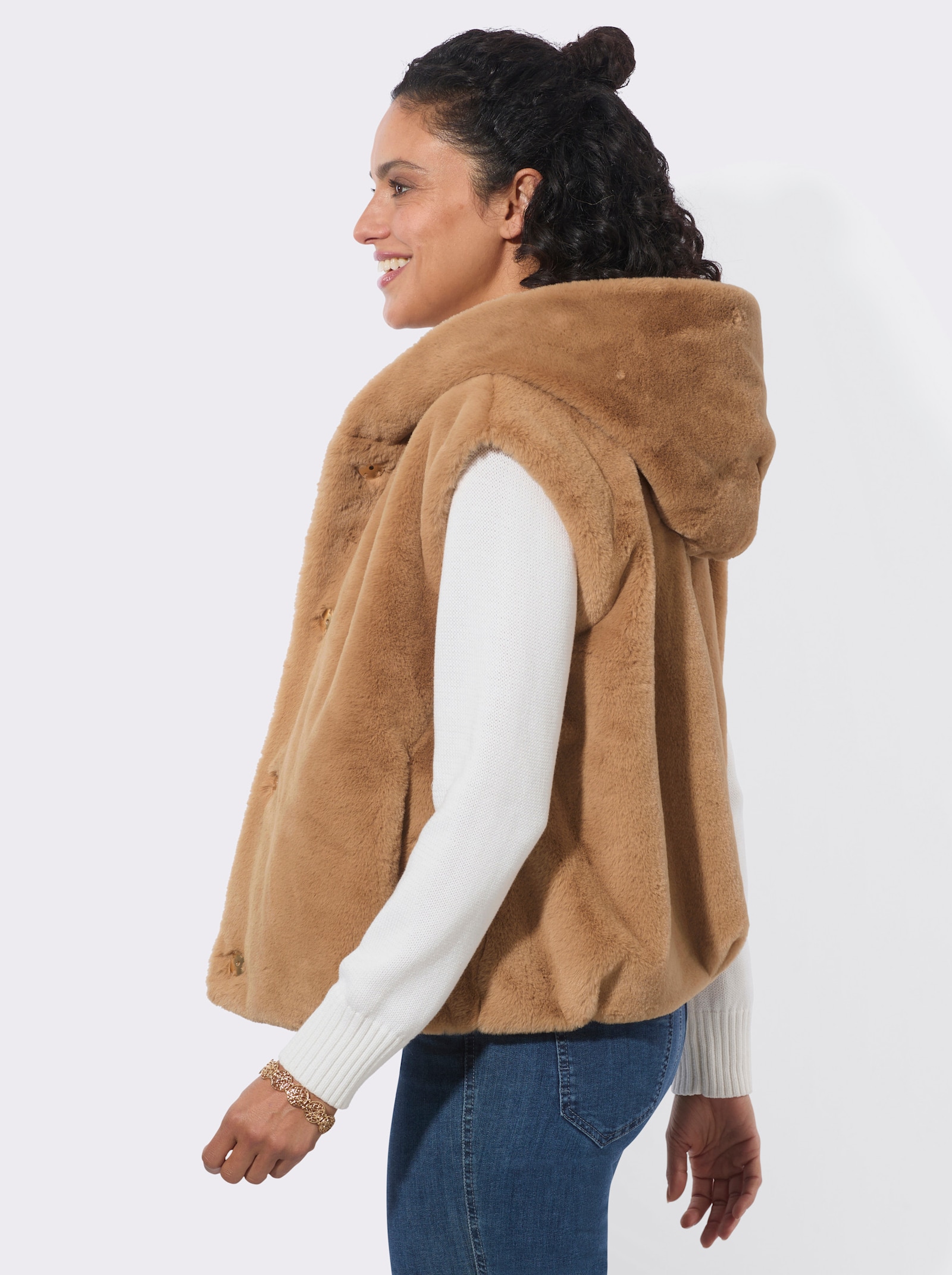 Fellimitatweste mit Kapuze - camel