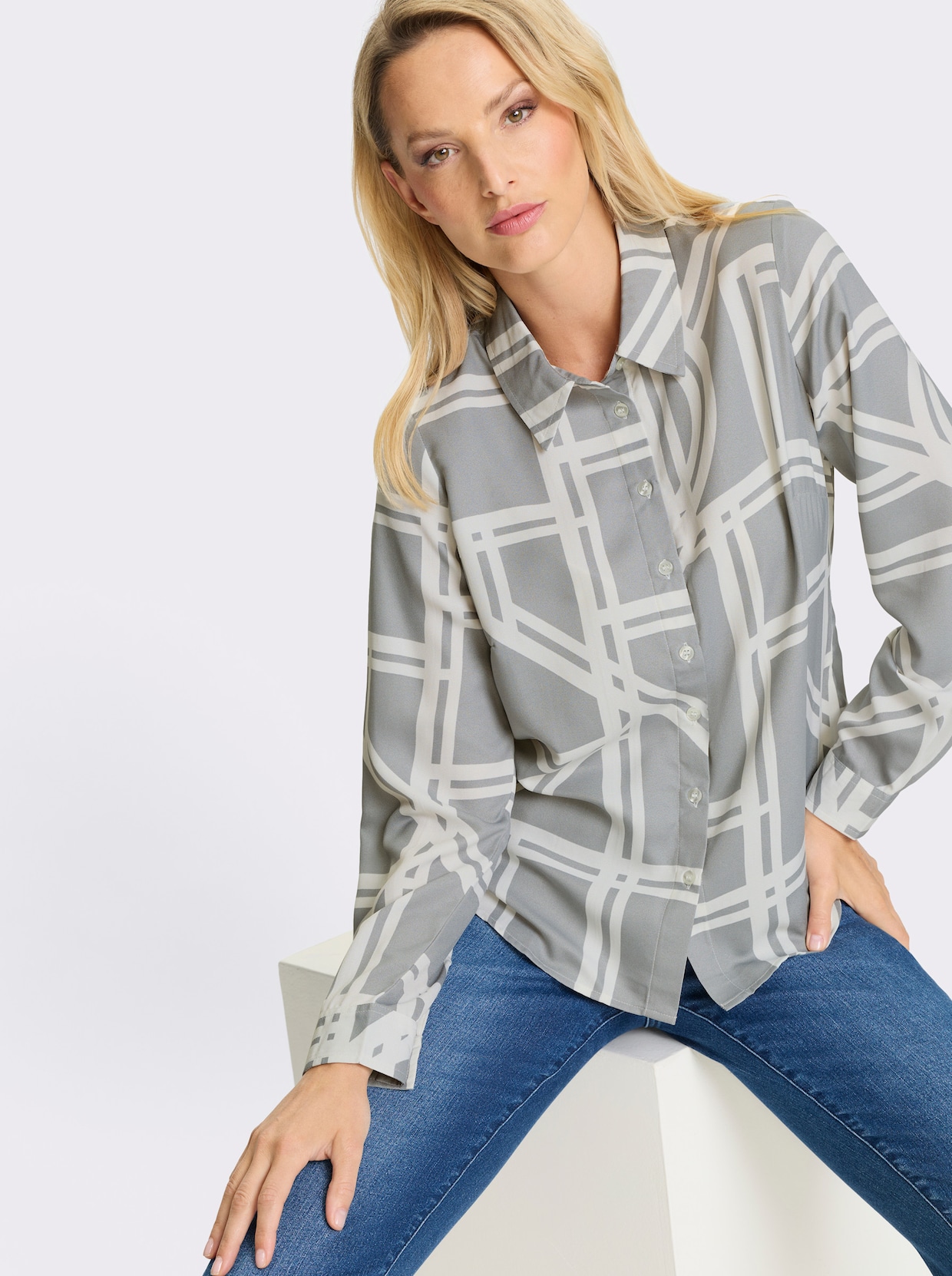 heine Druckbluse - steingrau-ecru-bedruckt