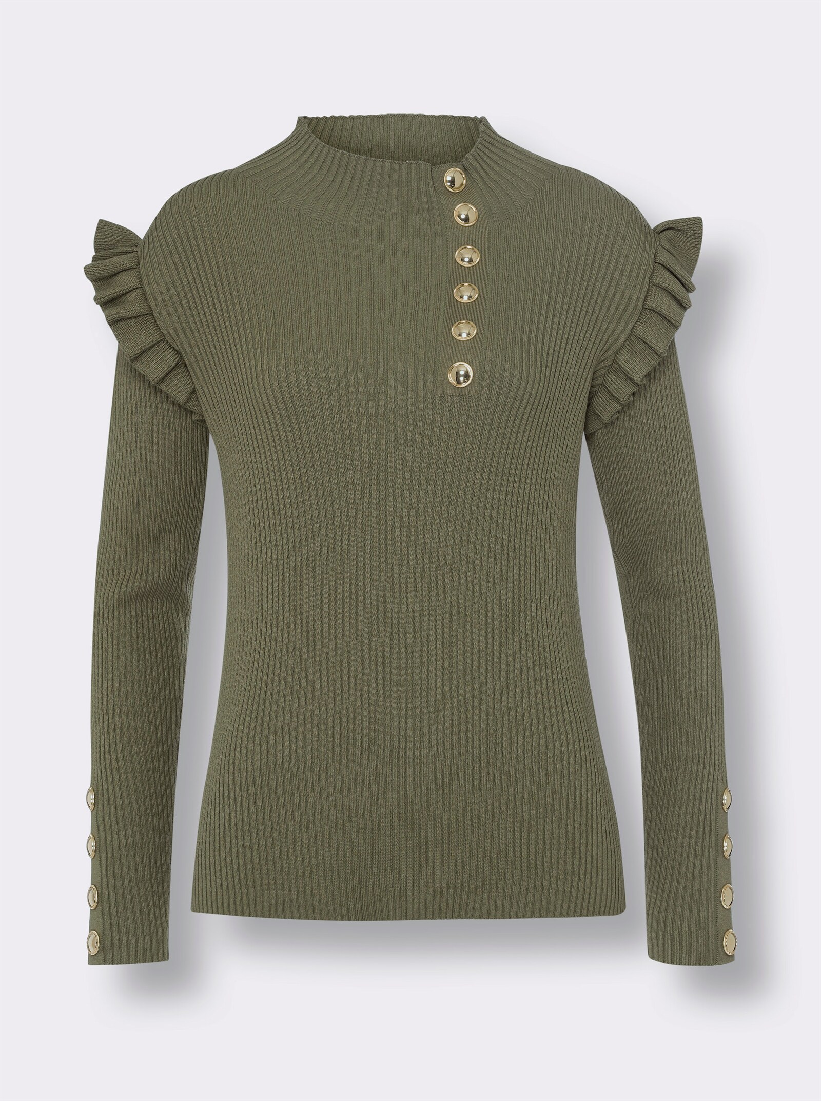 heine Stehkragenpullover mit Rüschen an der Schulter - khaki