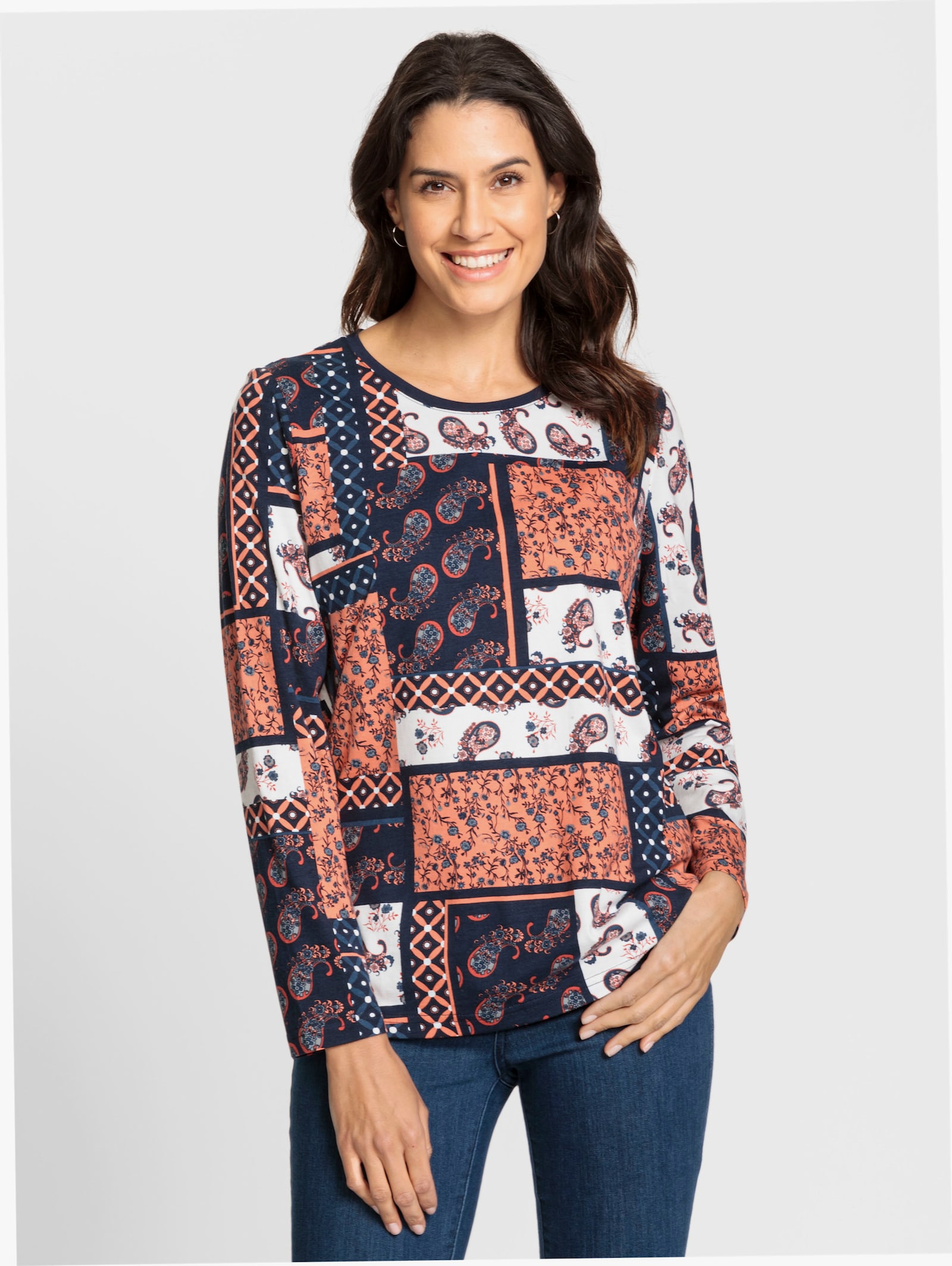 Langarmshirt im Patchwork-Dessin - rostrot-bedruckt