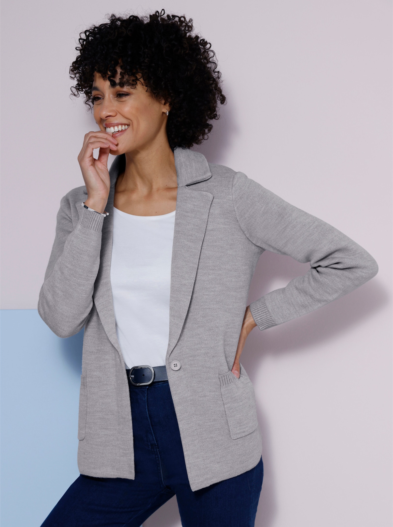 Jacquardstrickjacke im Blazer-Stil - steingrau-meliert