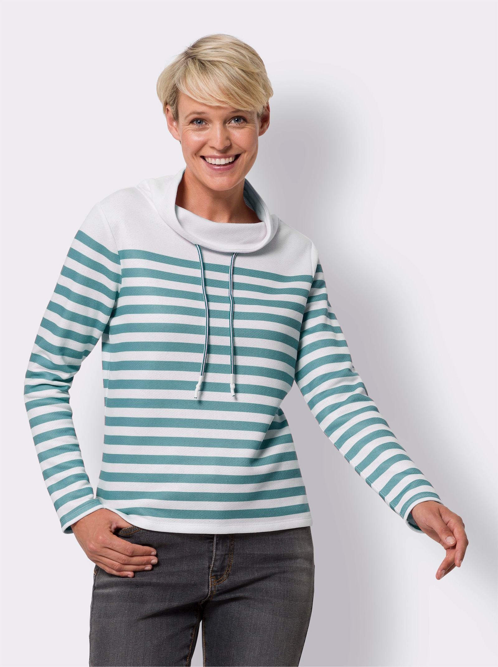Sweatshirt im Marine-Stil - weiss-ozean-geringelt
