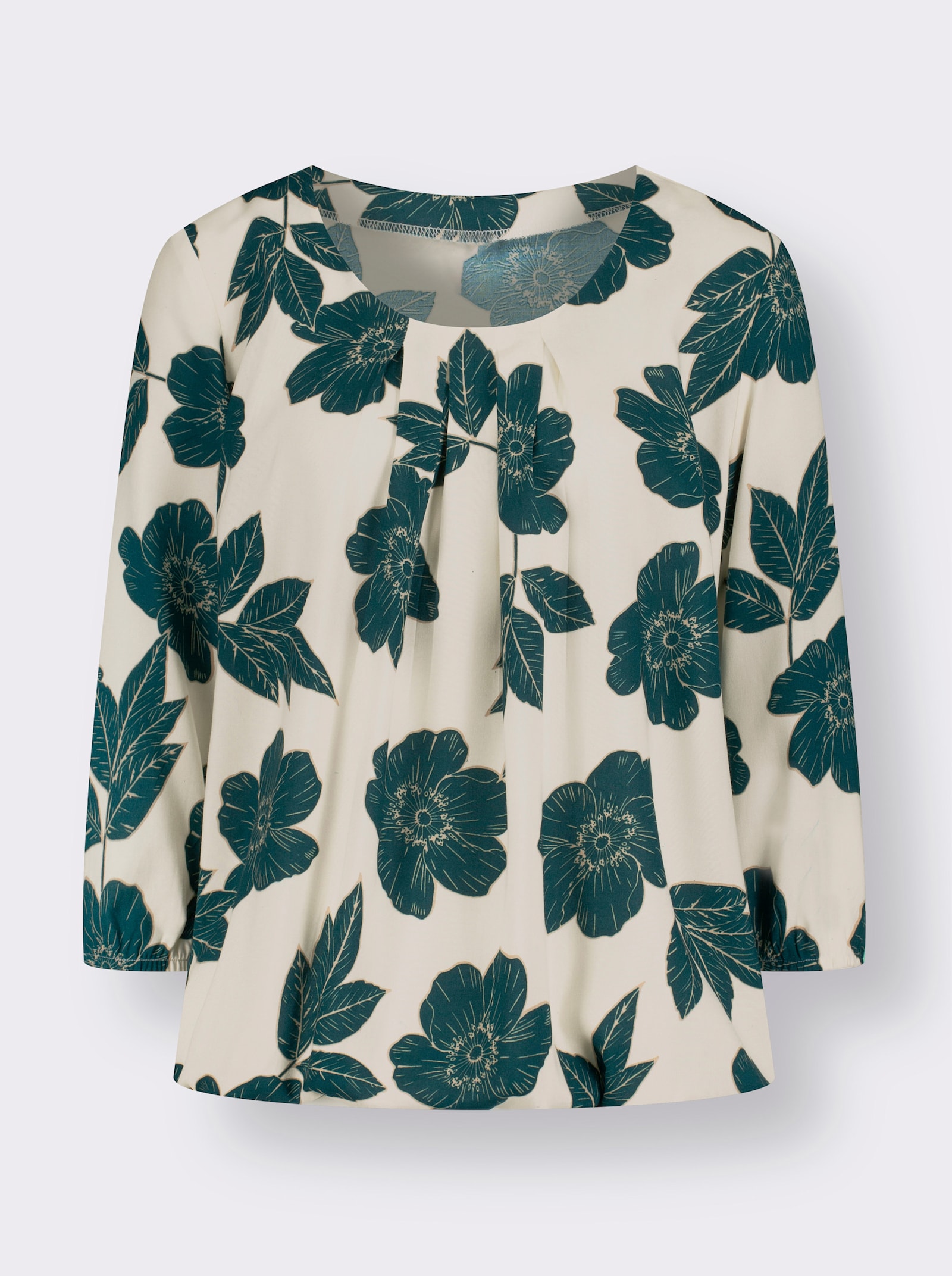Comfortblouse met grote bloemen - champagner-petrol-bedruckt