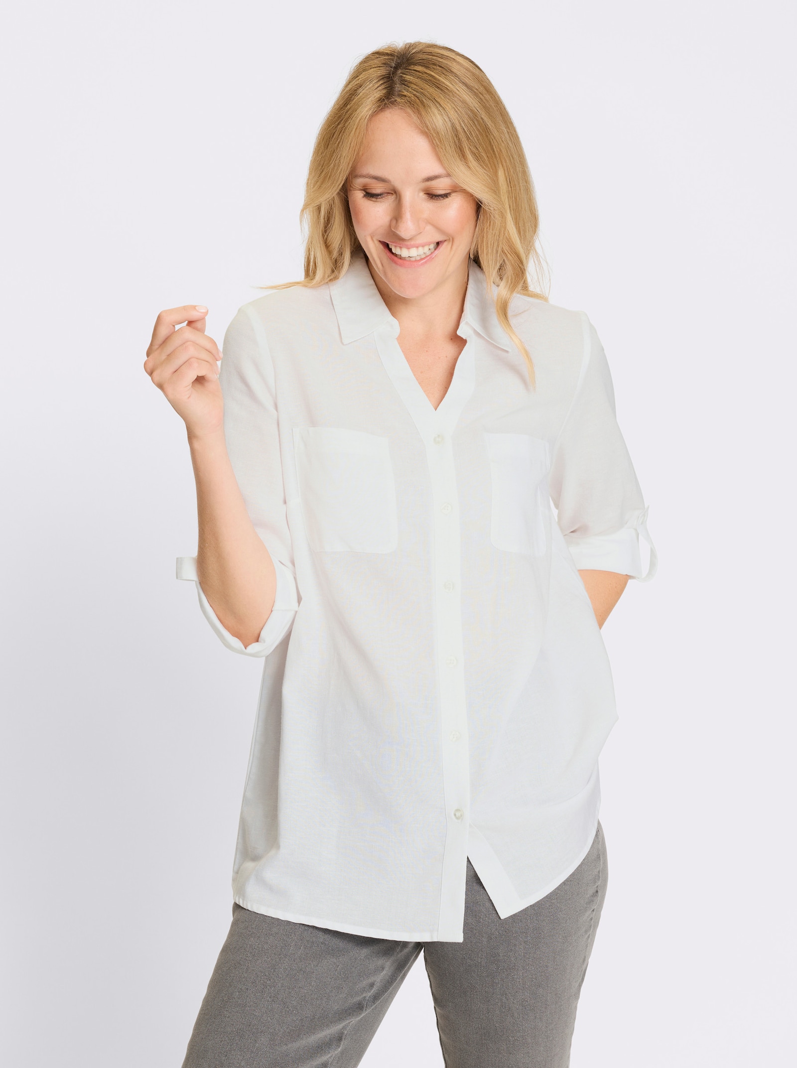 Longbluse mit Brusttaschen - weiss