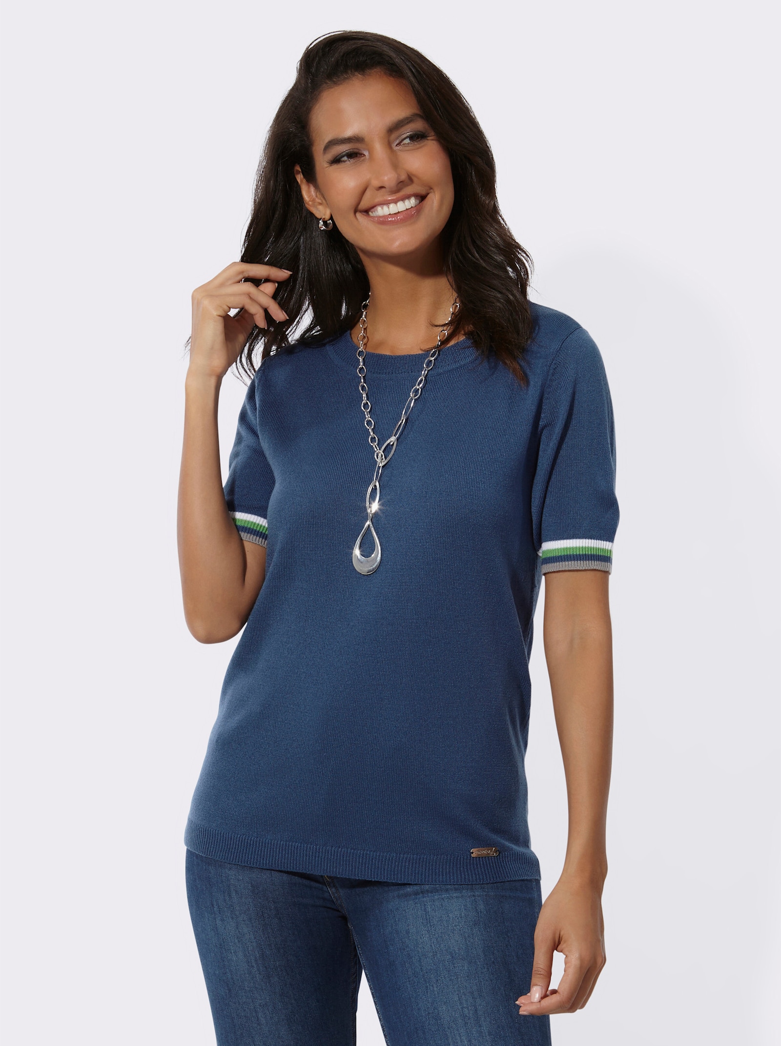 Pullover met ronde hals en strepen - jeansblauw/wit gestreept