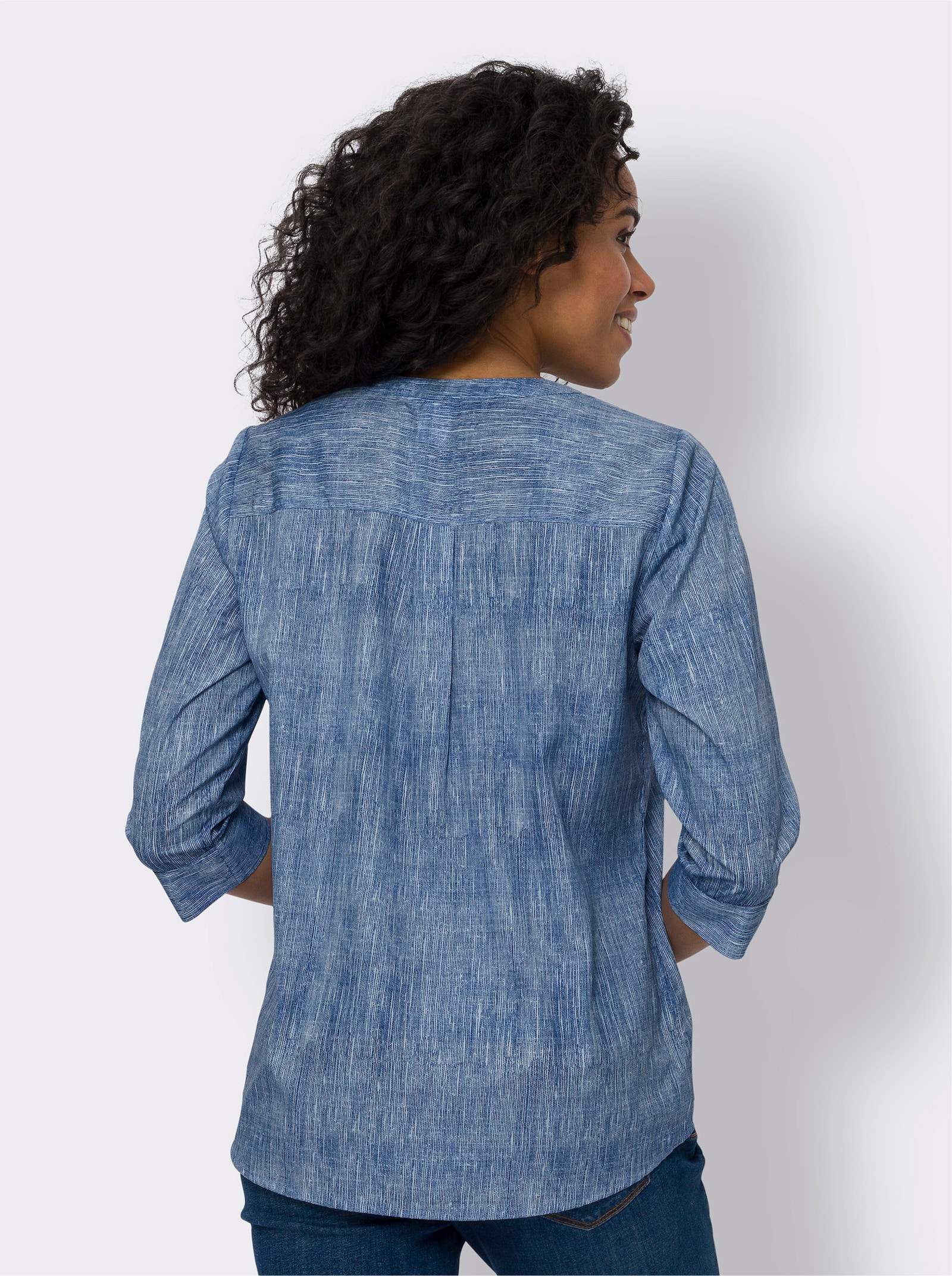Comfortblouse in gemêleerde look - jeansblauw/ecru bedrukt