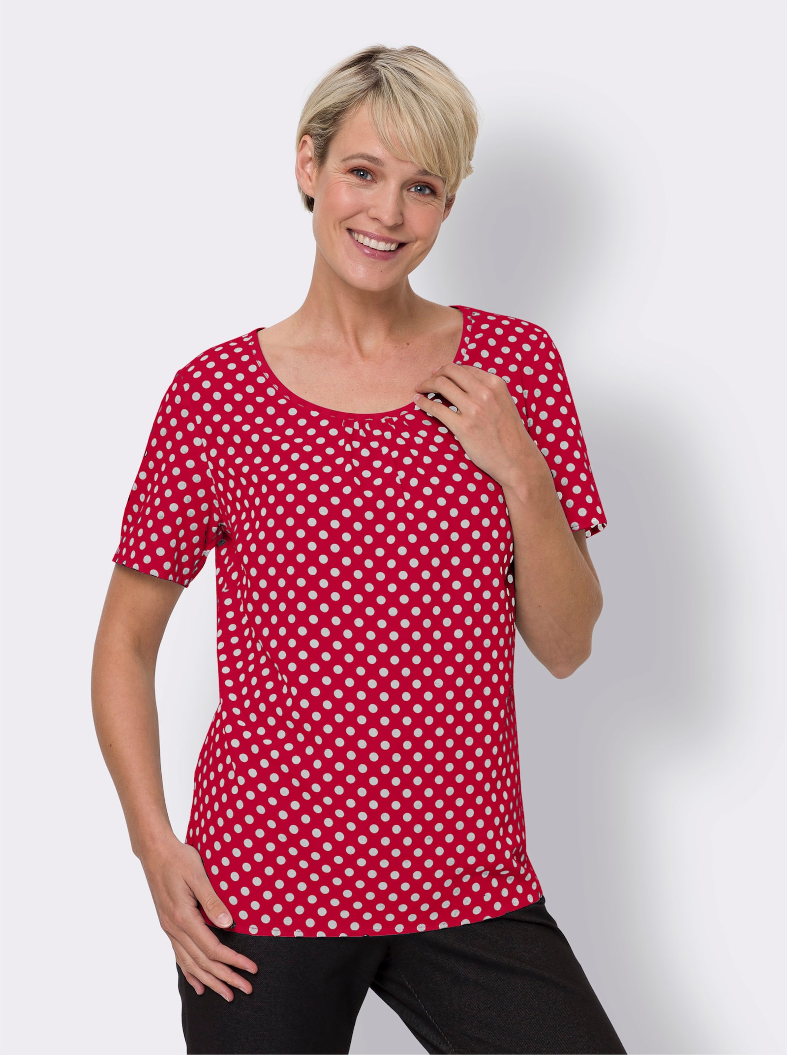 Comfortblouse met rimpeling, gestippeld - rood/wit gestippeld
