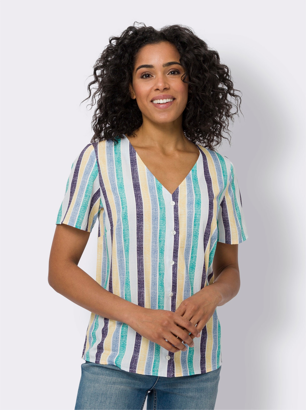 Blouse met korte mouwen - middenblauw/geel gestreept