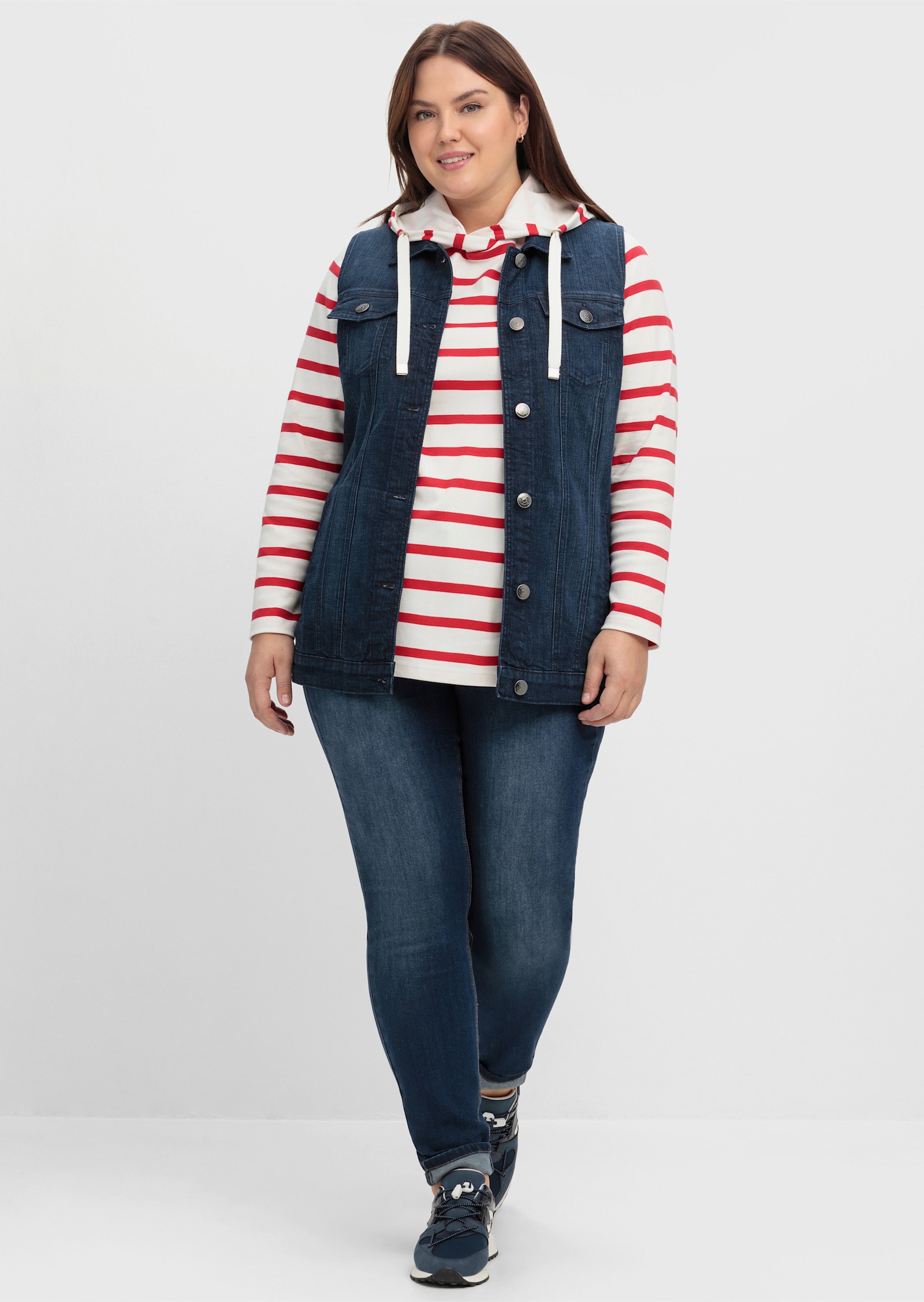 sheego Gilet en jean long et cintré - bleu denim foncé