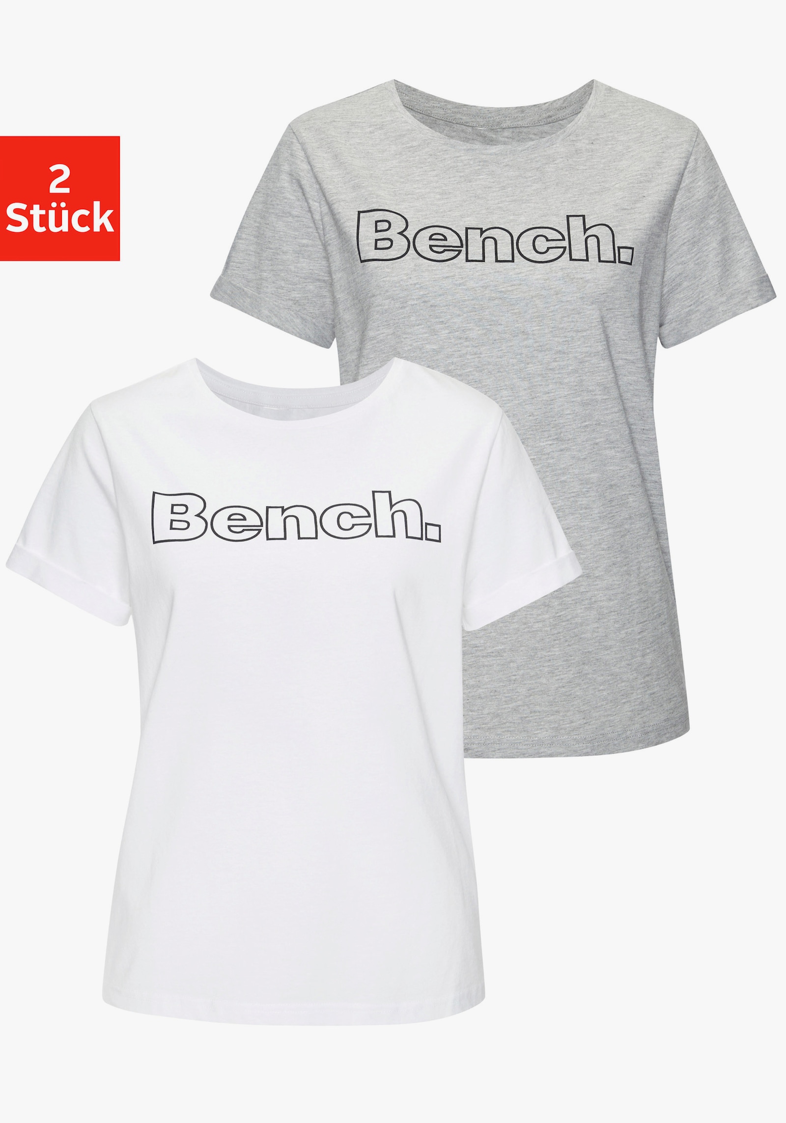 Bench. Loungewear T-Shirt - 1x grau melange, 1x weiss